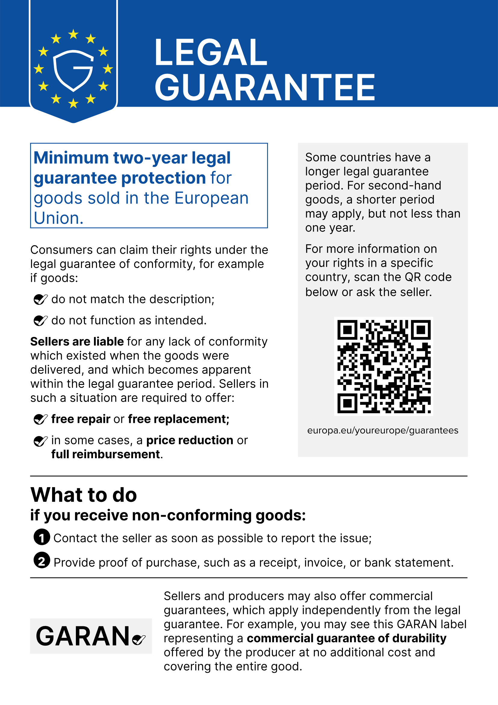 Official EU notice on the legal guarantee: minimum two-year legal guarantee protection for goods sold in the European Union