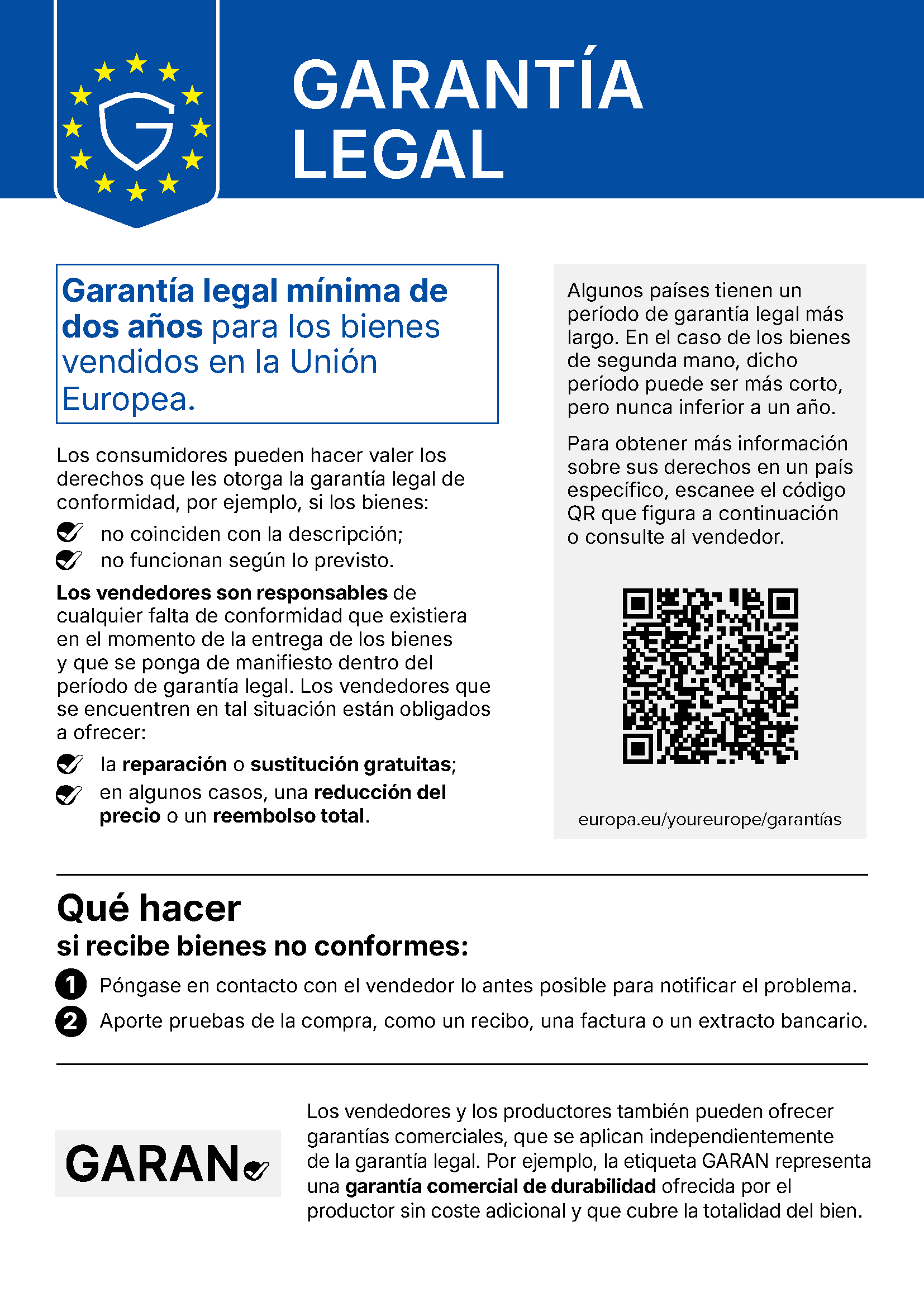 Aviso oficial de la UE sobre la garantía legal: Garantía legal de al menos dos años para los productos vendidos en la Unión Europea.