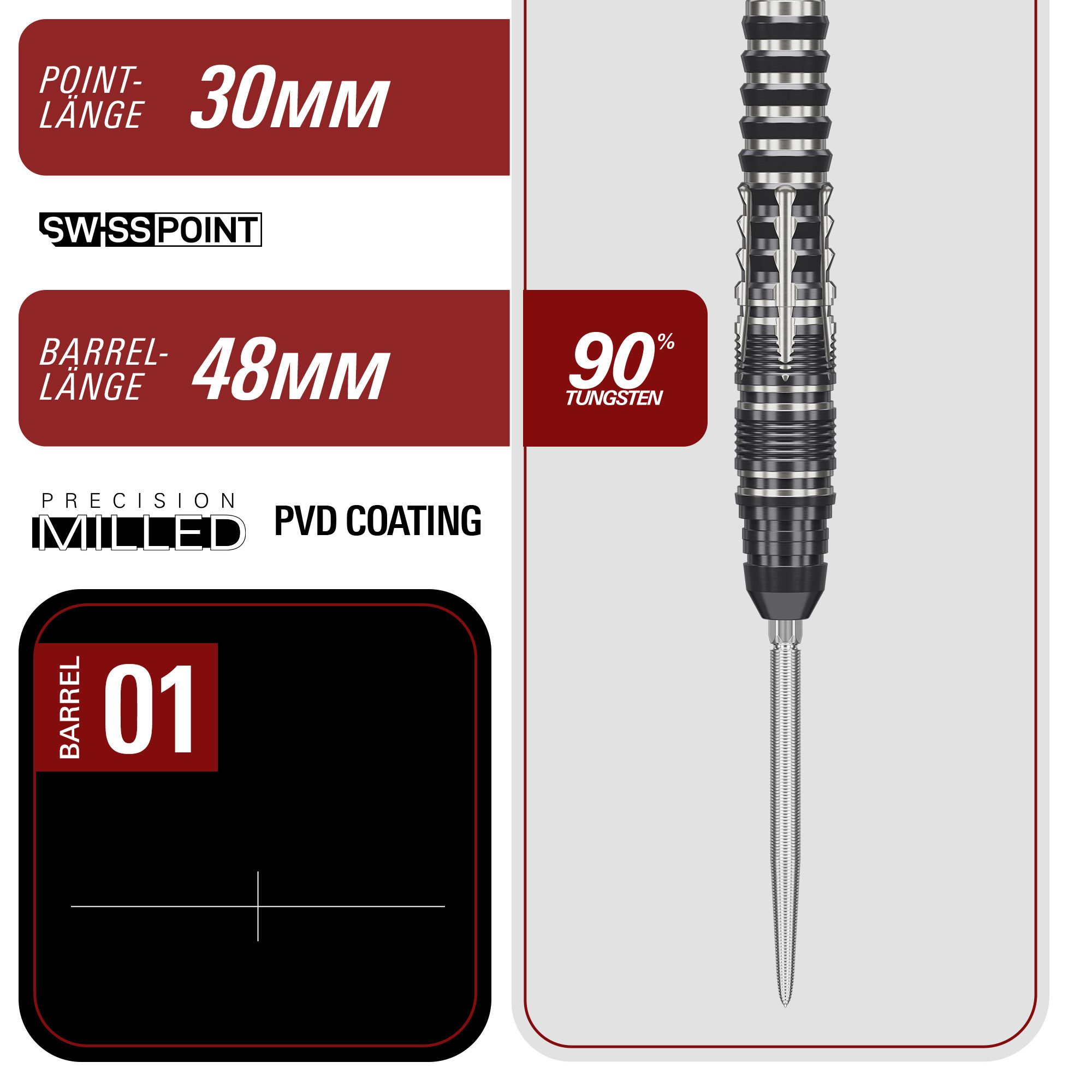 Das Bild zeigt die Target Japan Black Marque Blaze Swiss Point Steeldarts - 23g. Schwarze Steeldarts mit moderner Optik und hoher Qualität.