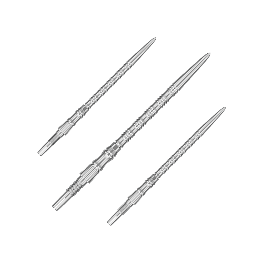 Das Bild zeigt ein Set silberner Dartspitzen mit einer Länge von 42 mm. Es handelt sich um Target SwissPoint Signature TRB Dartspitzen.