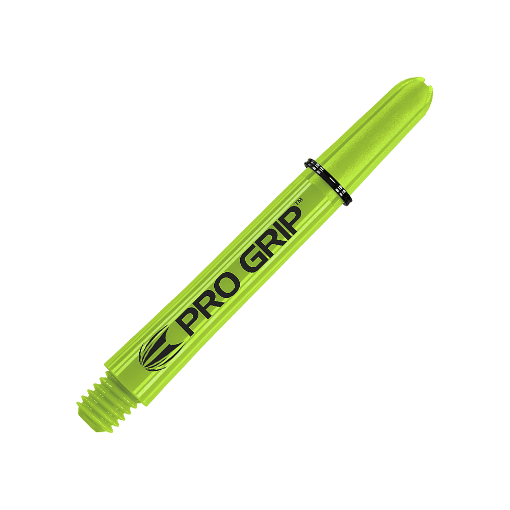 Target Pro Grip Shafts - 3 Sets - Lime Green Das Bild zeigt einen limegrünen Dart-Schaft mit der Aufschrift "PRO GRIP". Der Hintergrund ist passend in derselben Farbe gestaltet.