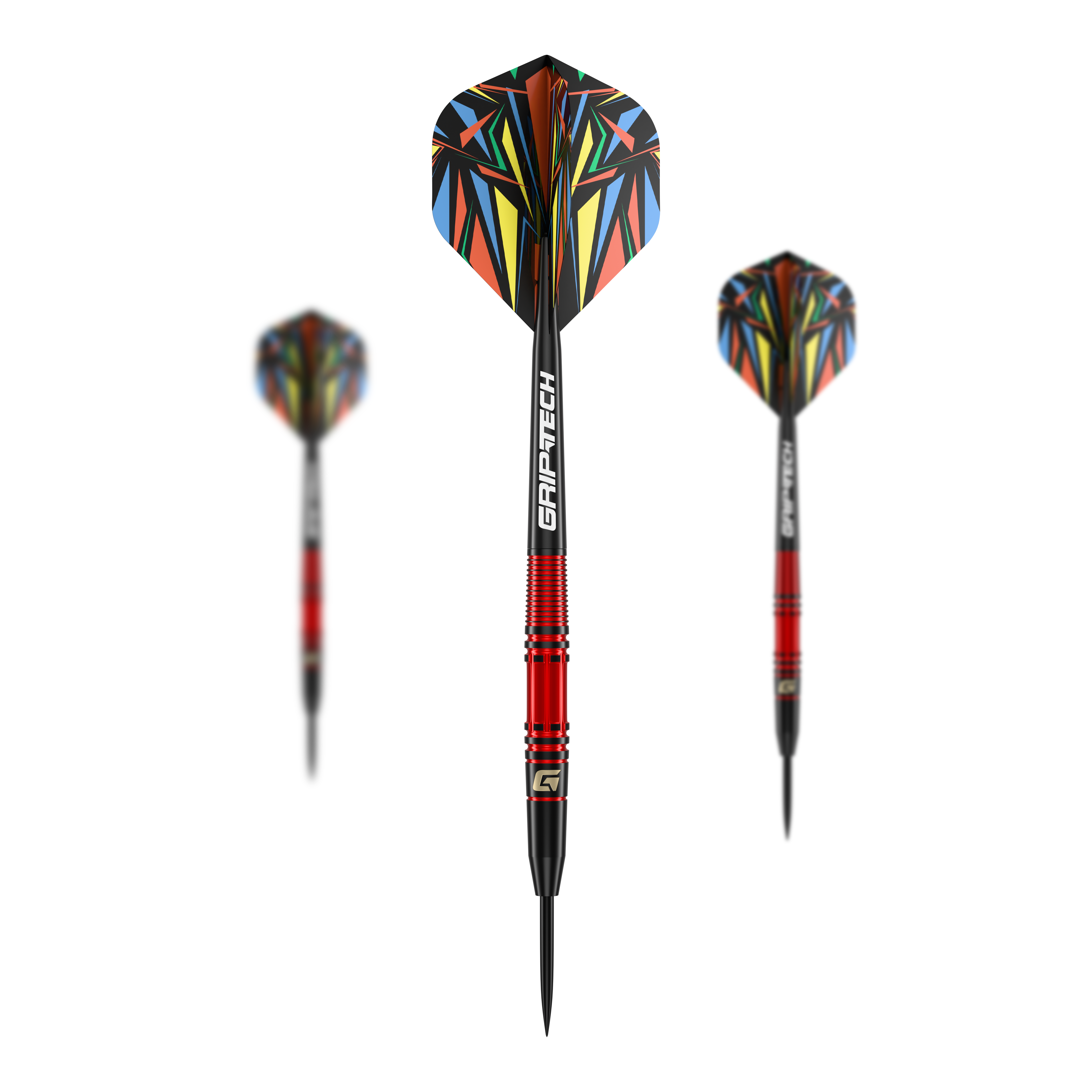Freccette in acciaio GOAT Athlete in ottone rosso - 11 g Das Bild zeigt den GOAT Athlete Red Brass Steeldart mit einem Gewicht von 11g. Der Dart hat eine auffällige, bunte Flugfeder und einen roten Messingkörper.