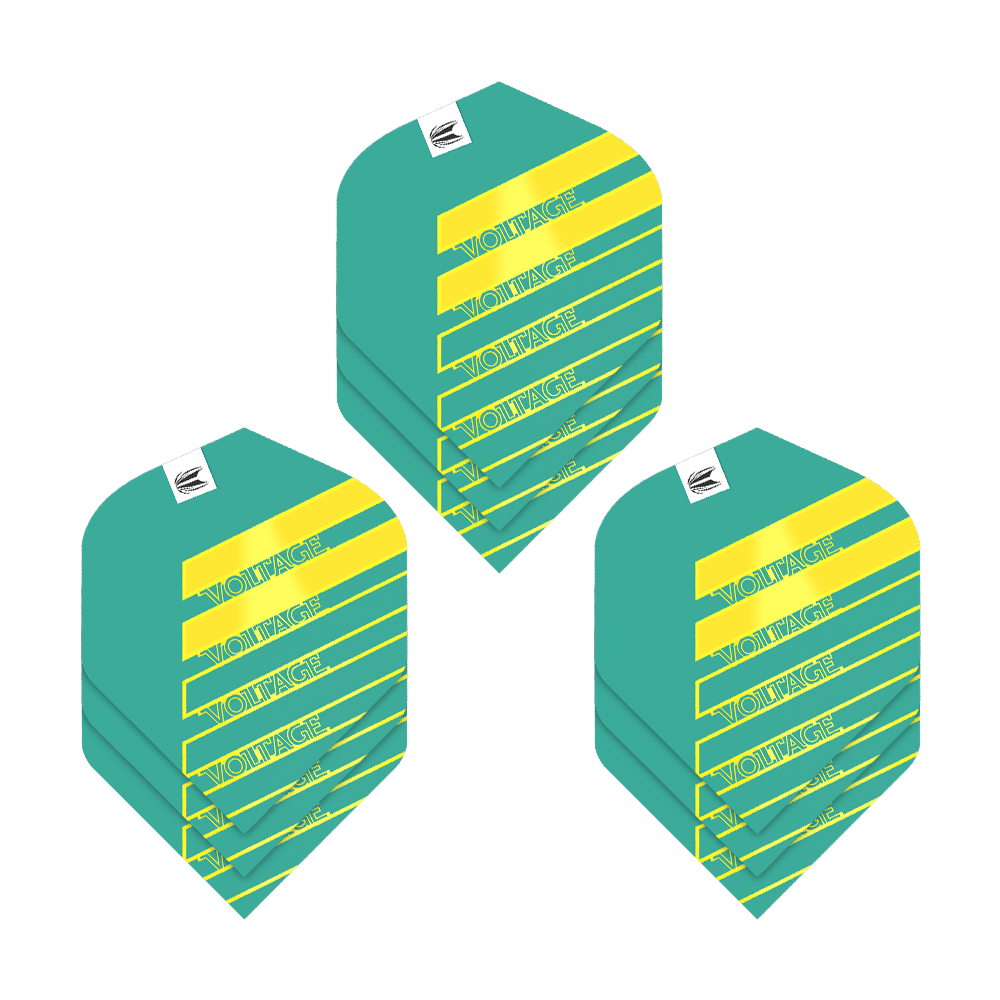 Target Pro Ultra Rob Cross Aqua No2 Standard Flights - 3 sady Das Bild zeigt drei Sets von Target Pro Ultra Rob Cross Aqua No2 Standard Flights. Die Flights sind türkis mit gelben Streifen und dem Schriftzug "VOLTAGE" darauf.