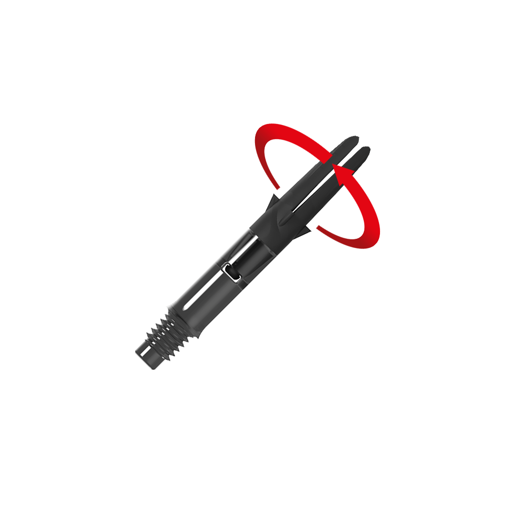 Tige de direction en L en carbone Silent Straight - Noir Das Bild zeigt einen schwarzen Dart-Schaft aus Carbon. Ein roter Pfeil deutet eine Drehbewegung auf den oberen Teil des Schafts an.