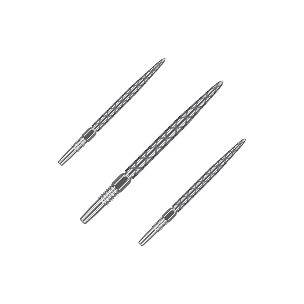 Target Swiss Diamond Pro Silver Points Dartspitzen Das Set zeigt silberne Dartspitzen mit glänzender Oberfläche. Sie sind in einer transparenten Halterung angeordnet.