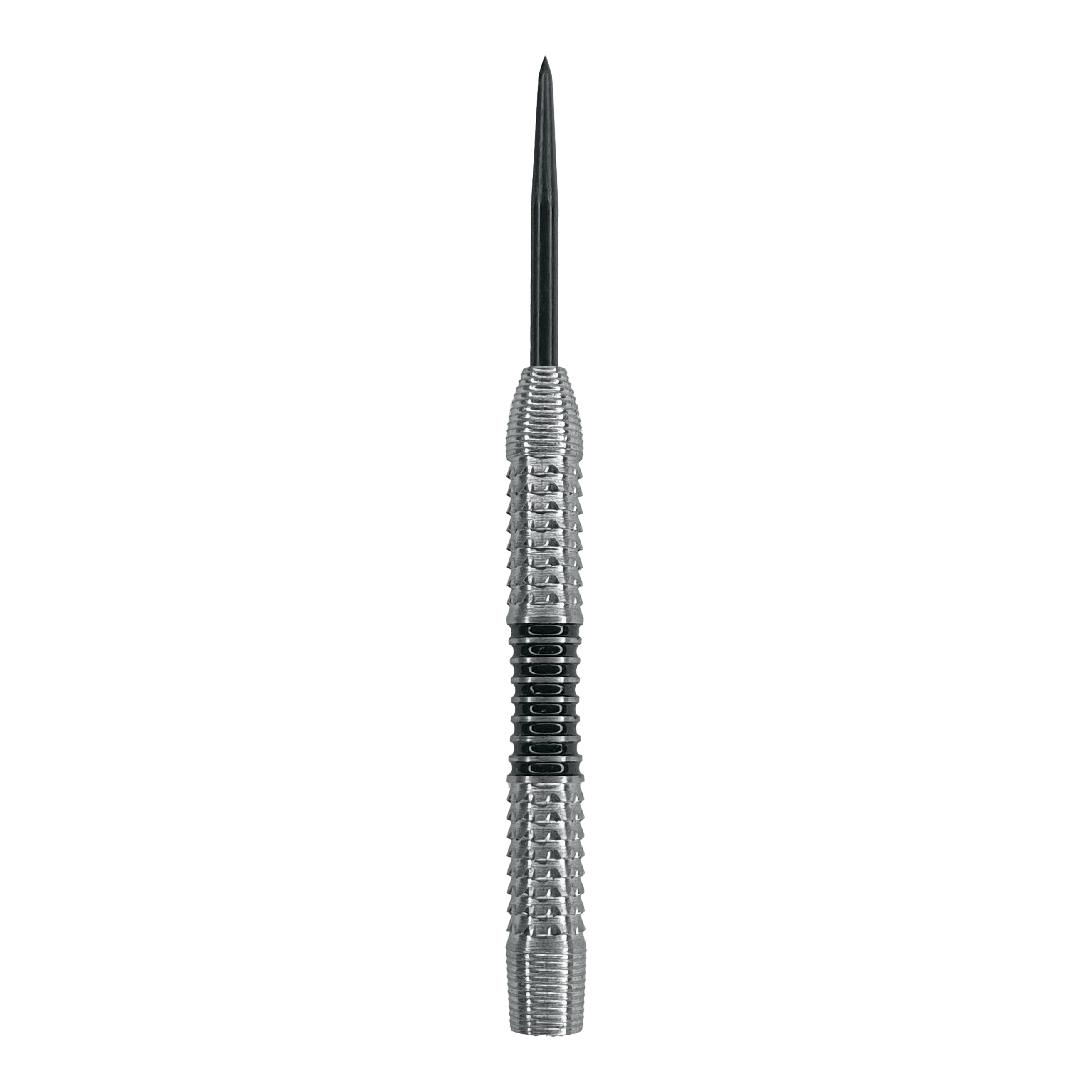 McDart Black Stripe 2 ocelové hlavice na šipky - 22g Das Bild zeigt einen silbernen Steeldart-Barrel mit einer schwarzen Griffzone in der Mitte. Es handelt sich um das Produkt "McDart Black Stripe 2 Steeldart-Barrels - 22g".