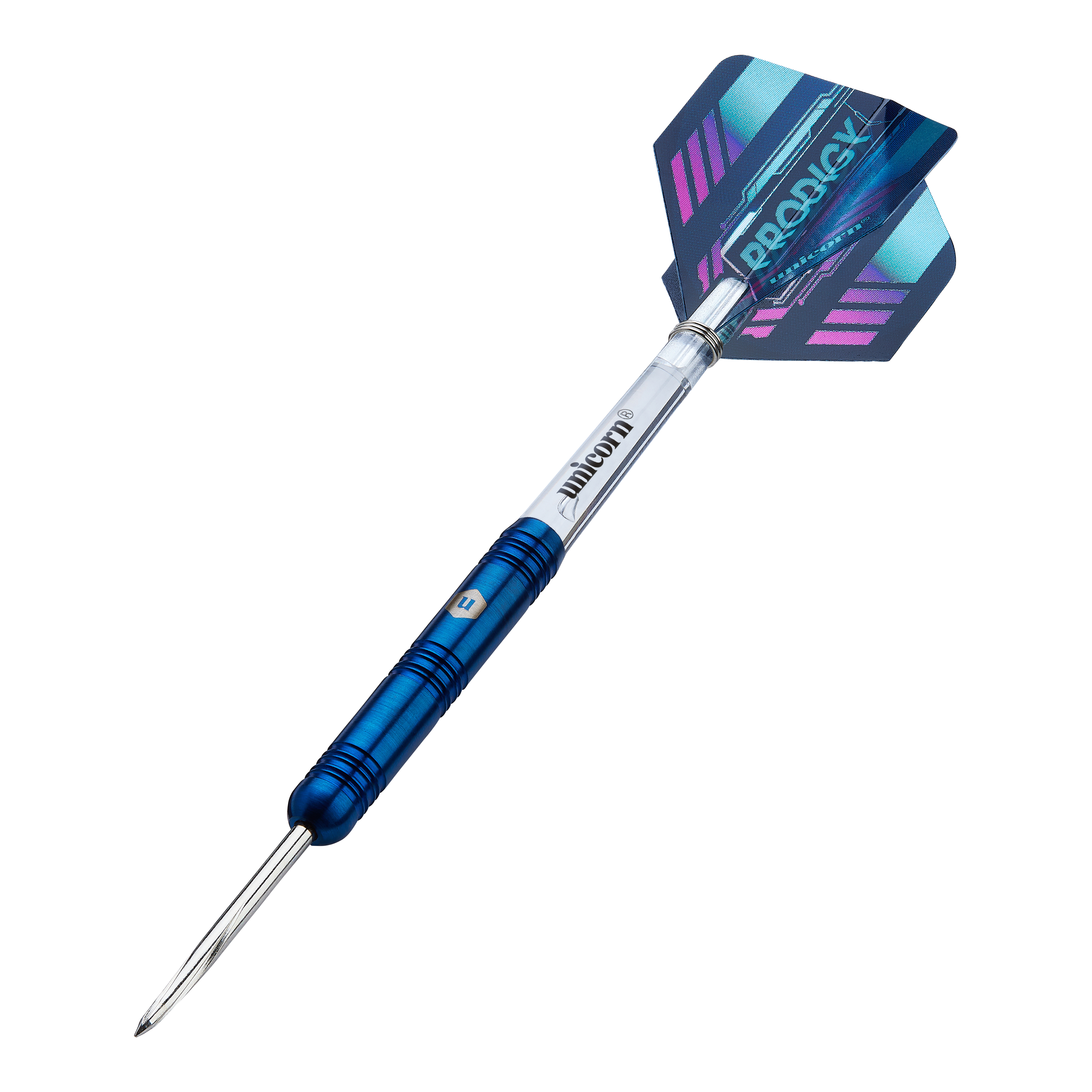 Dardos de acero paralelos Unicorn Prodigy 01 Dieses Bild zeigt einen Unicorn Prodigy 01 Parallel Steeldart. Der Dartpfeil hat einen blauen Schaft und eine bunte Flight mit dem Aufdruck "Prodigy".