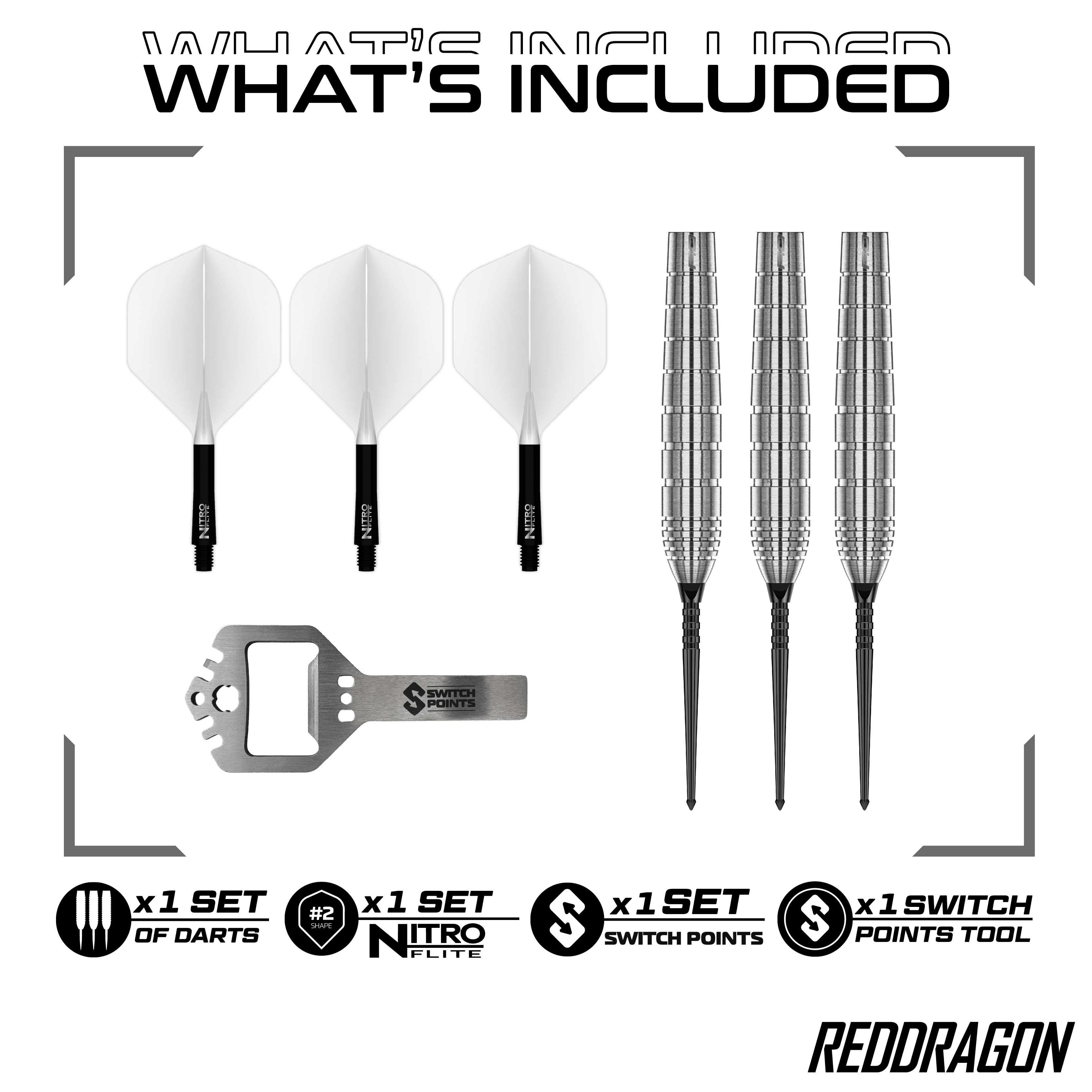 Zu sehen sind die Red Dragon Luke Humphries TX1 Pioneer Switch Point Steeldarts. Das Produkt eignet sich für professionelle Dartspieler.