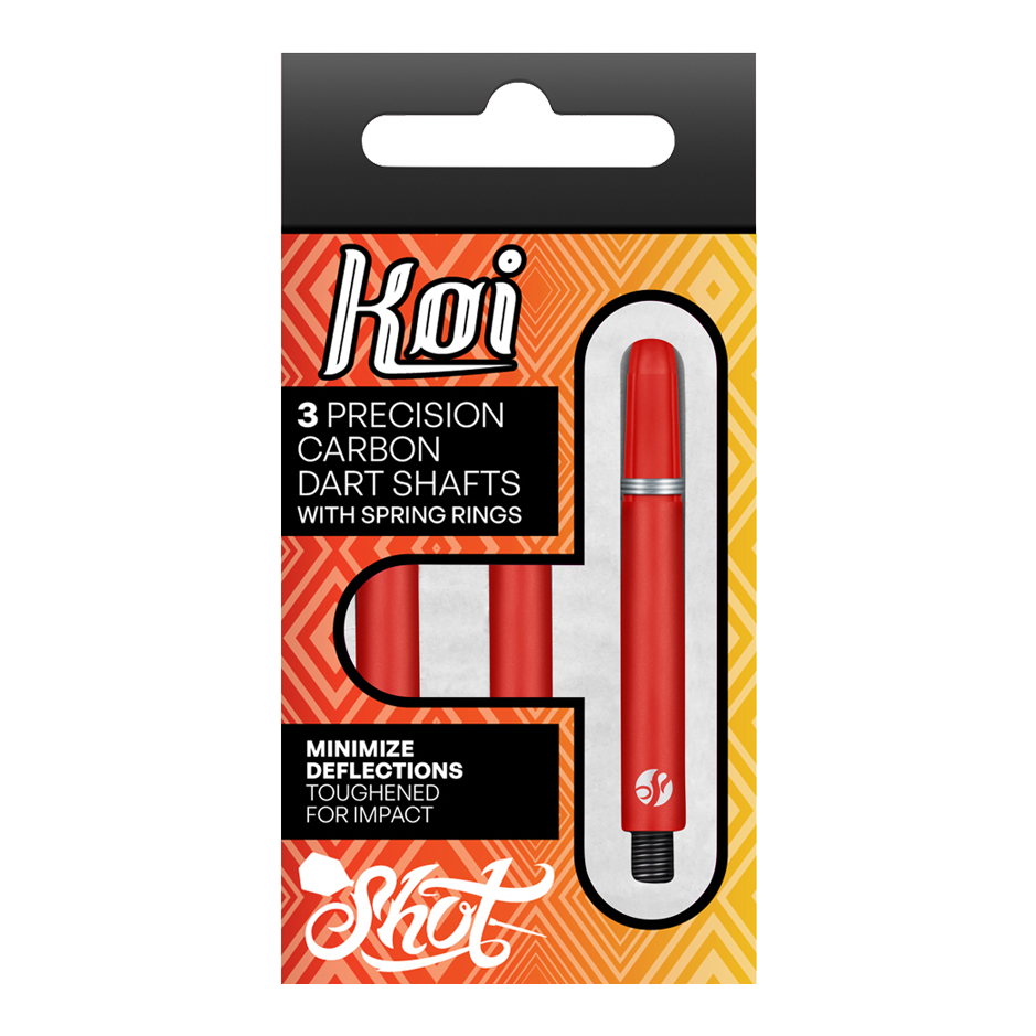 Karbonové násady Shot Koi - červené Die Verpackung zeigt drei präzise Koi Carbon-Dartschäfte in Rot. Sie sind für minimale Ablenkung und hohe Schlagfestigkeit ausgelegt.