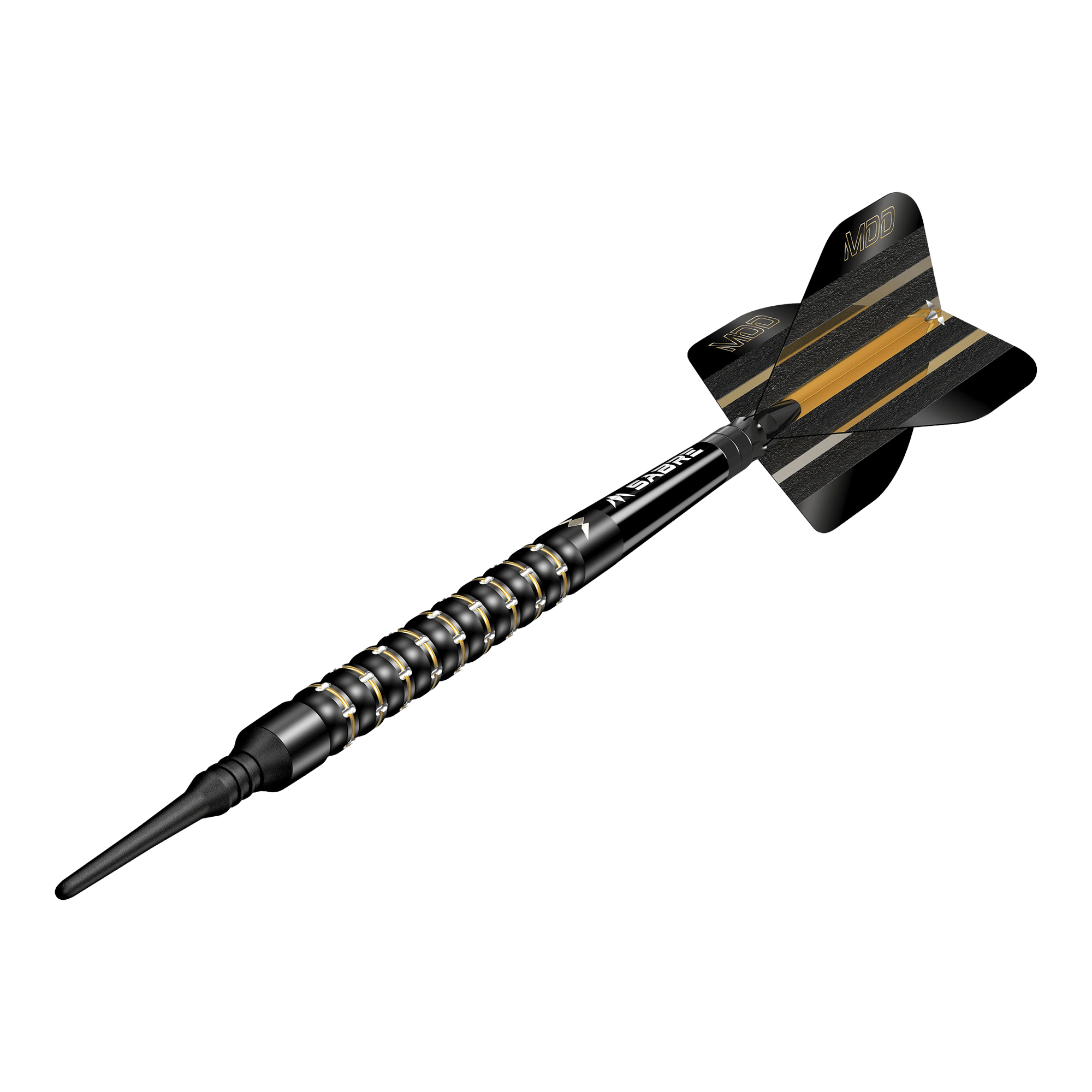 Mission Mike De Decker MDD Black Gold Soft Darts - 20g Das Bild zeigt einen schwarzen Softdartpfeil mit goldenen Akzenten. Auf der Flight steht "MDD" und der Pfeil wirkt hochwertig und modern.