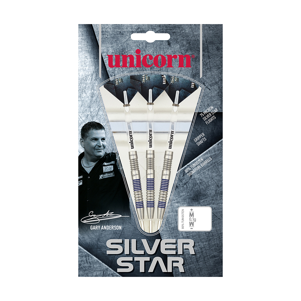 8775_Unicorn_Silver_Star_Var2_Gary_Anderson_Steeldarts_3 Auf dem Bild ist eine Verpackung mit drei Steel-Darts der Marke "Unicorn Silver Star" zu sehen. Die Verpackung zeigt außerdem ein Foto von Gary Anderson und enthält Details zu den Dartpfeilen.