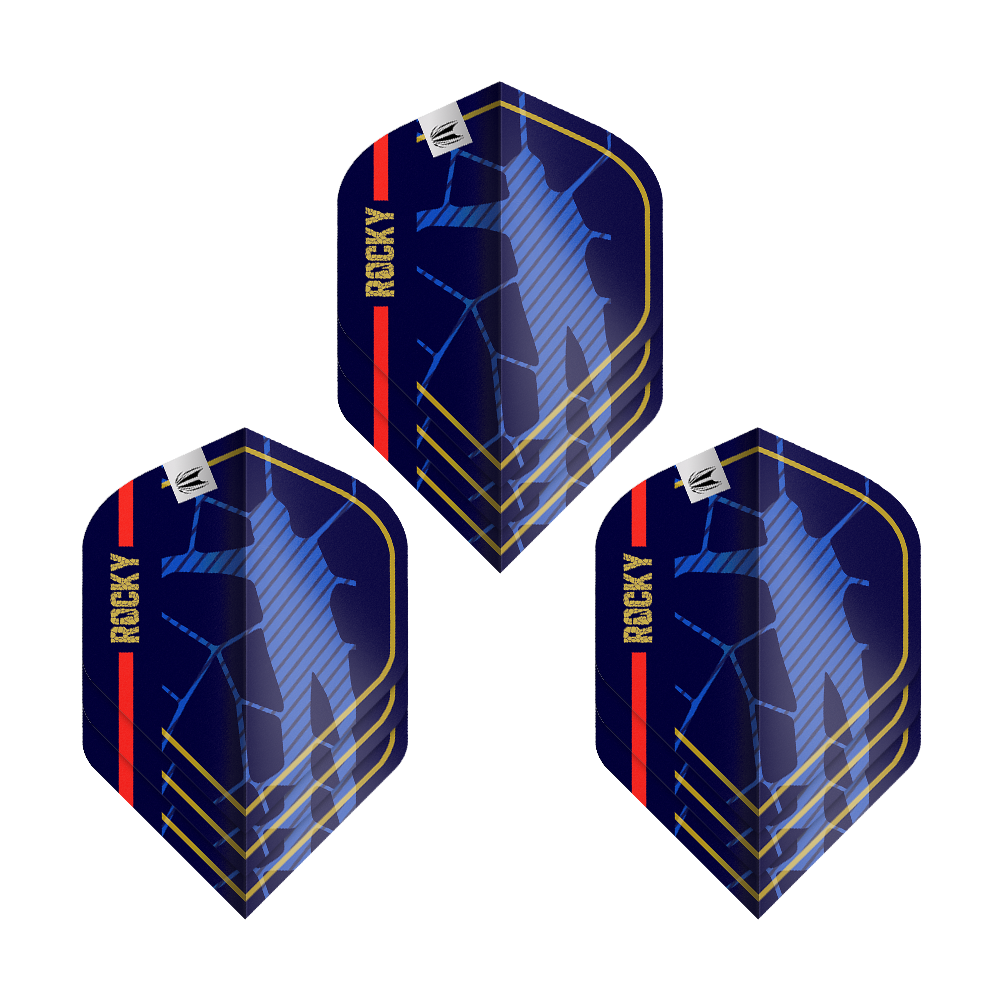 Target Pro Ultra Josh Rock GEN1 No2 Standardní letky - 3 sady Das Bild zeigt drei Sätze der Target Pro Ultra Josh Rock GEN1 No2 Standard Flights. Die Flights sind dunkelblau mit goldenen, roten und blauen Akzenten sowie dem Schriftzug "ROCKY".