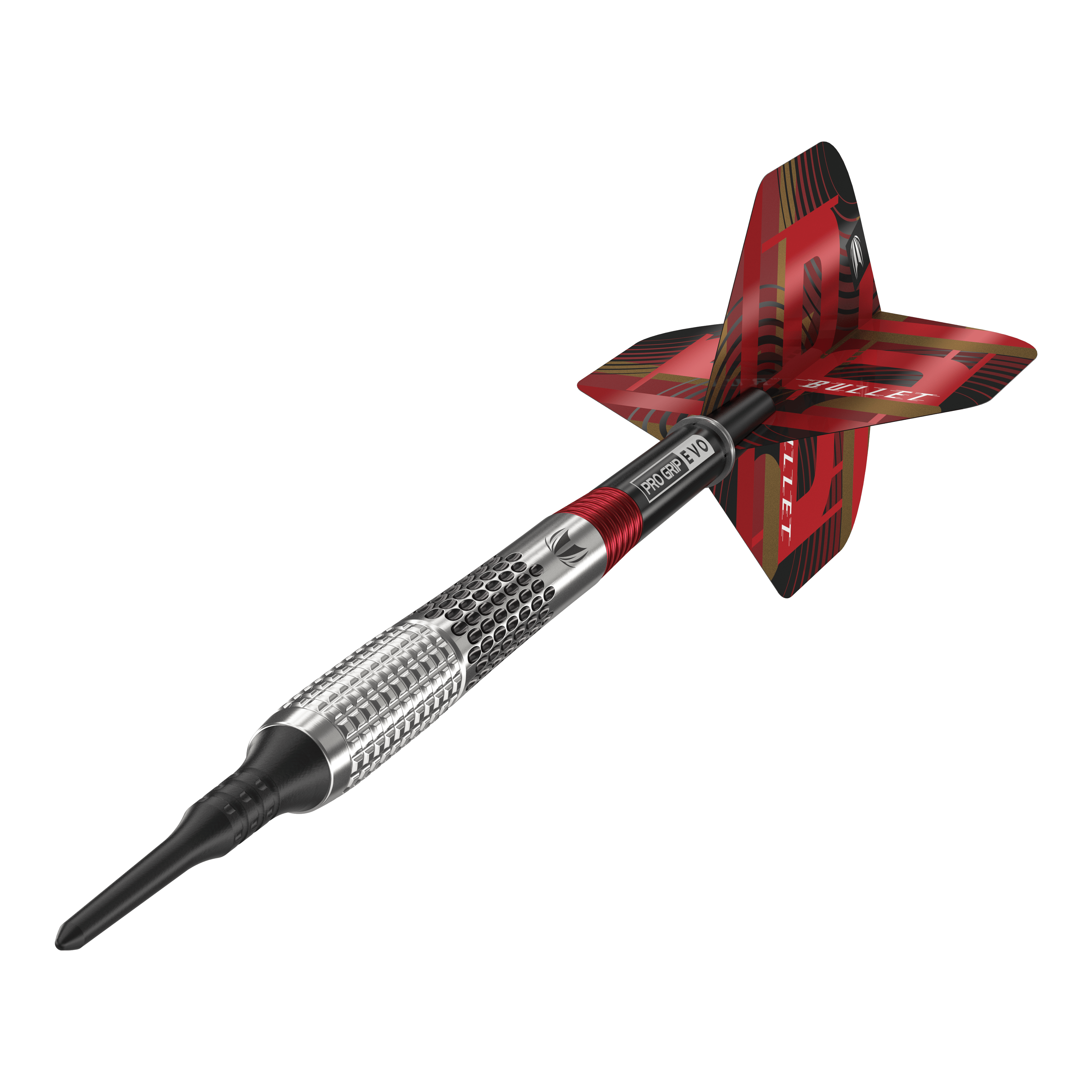 Měkké šipky Target Stephen Bunting GEN5 - 18g Das Bild zeigt einen Target Stephen Bunting GEN5 Softdart mit einem Gewicht von 18g. Der Dartpfeil hat ein silbernes Griffstück mit roten und schwarzen Akzenten sowie einer auffälligen roten Flights.