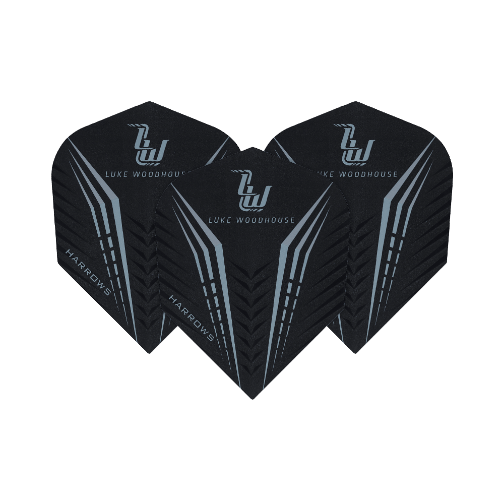 HR24_Harrows_Prime_Luke_Woodhouse_Standard_Flights_1r7PrZsxe6SYWc Das Bild zeigt drei Sätze der Harrows Prime Luke Woodhouse Standard Flights für Darts. Sie sind schwarz mit silbernen Linien und dem Namen "Luke Woodhouse" darauf.