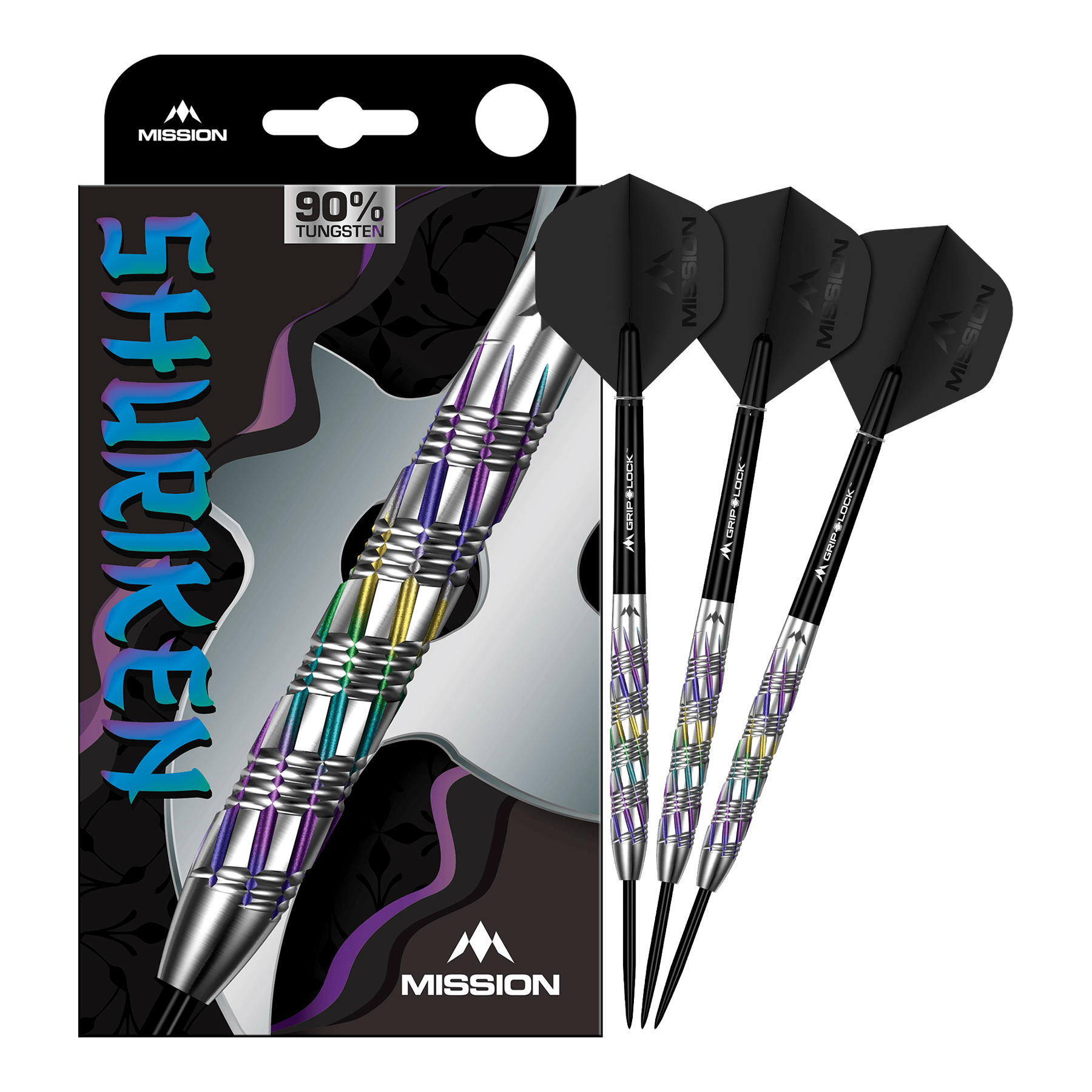 Dardos de acero Shuriken de Mission Mission Shuriken Steeldarts sind professionelle Steeldarts. Das Bild zeigt das vollständige Set der Mission Shuriken Steeldarts.