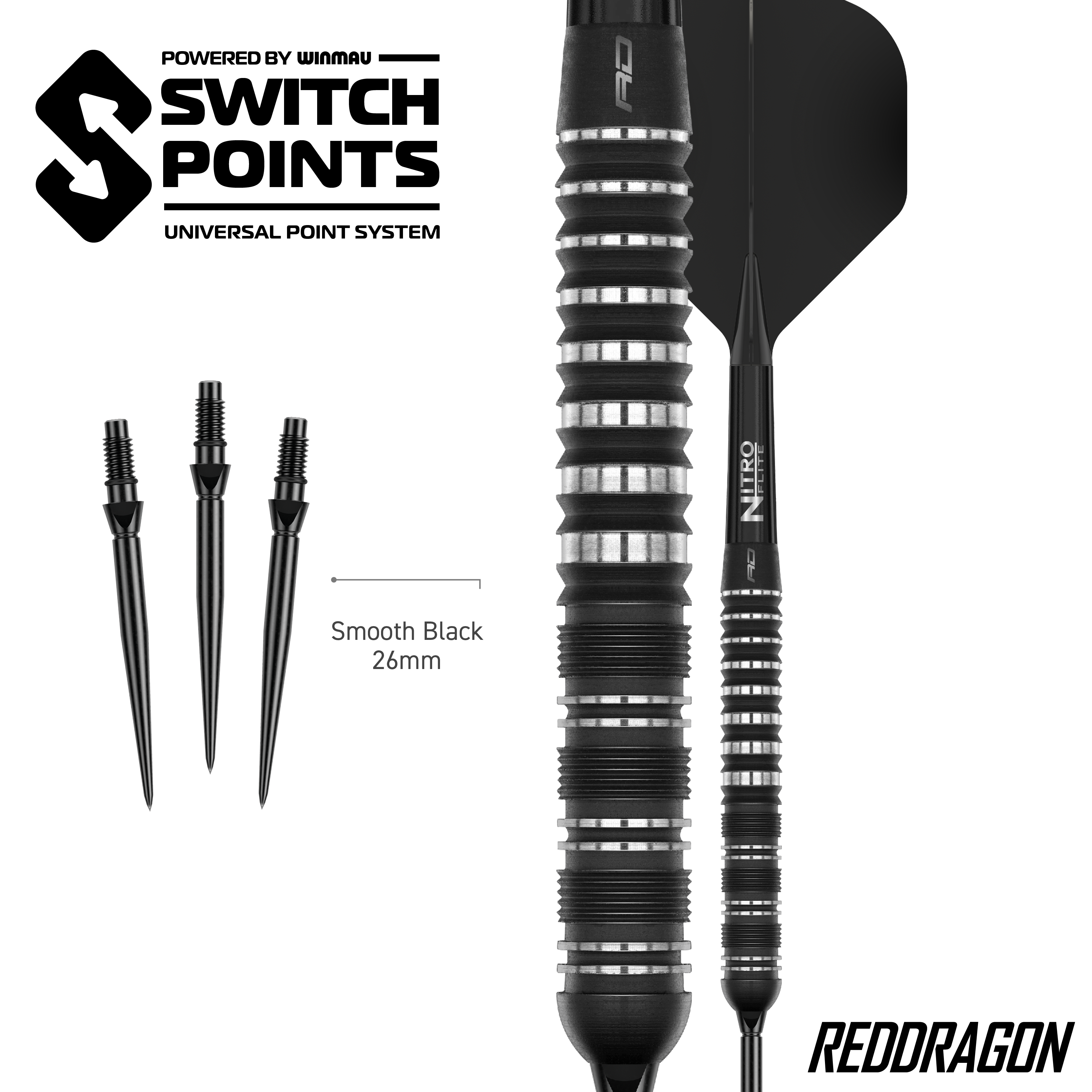 Abgebildet sind die Red Dragon Sable Parallel Switch Point Steeldarts. Präzision und gutes Design zeichnen diese Darts aus.