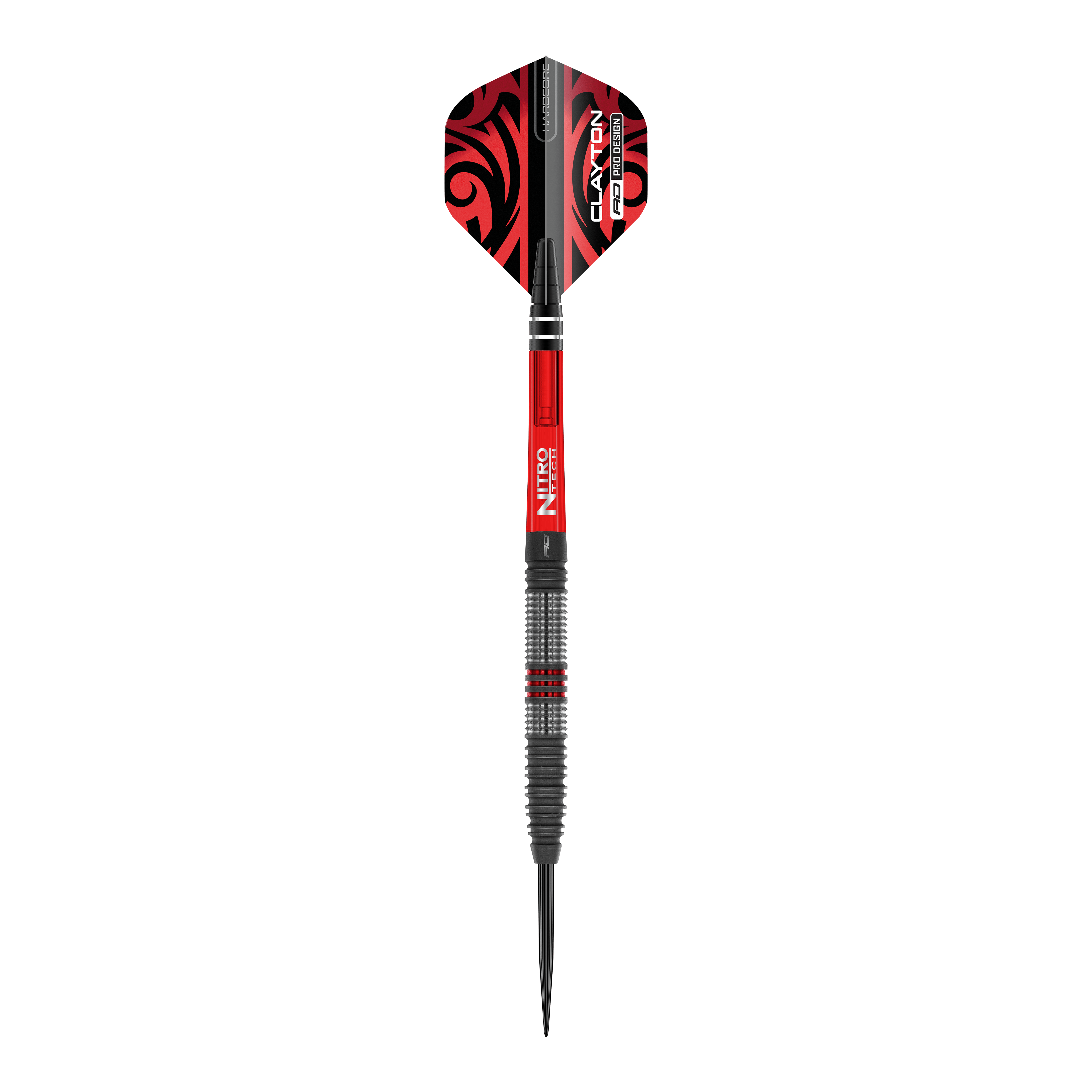 Dardos de acero Red Dragon Jonny Clayton Hiraeth Das Bild zeigt einen Red Dragon Jonny Clayton Hiraeth Steeldart. Der Dart ist in Schwarz und Rot gehalten und hat auffällige Muster auf den Flights.
