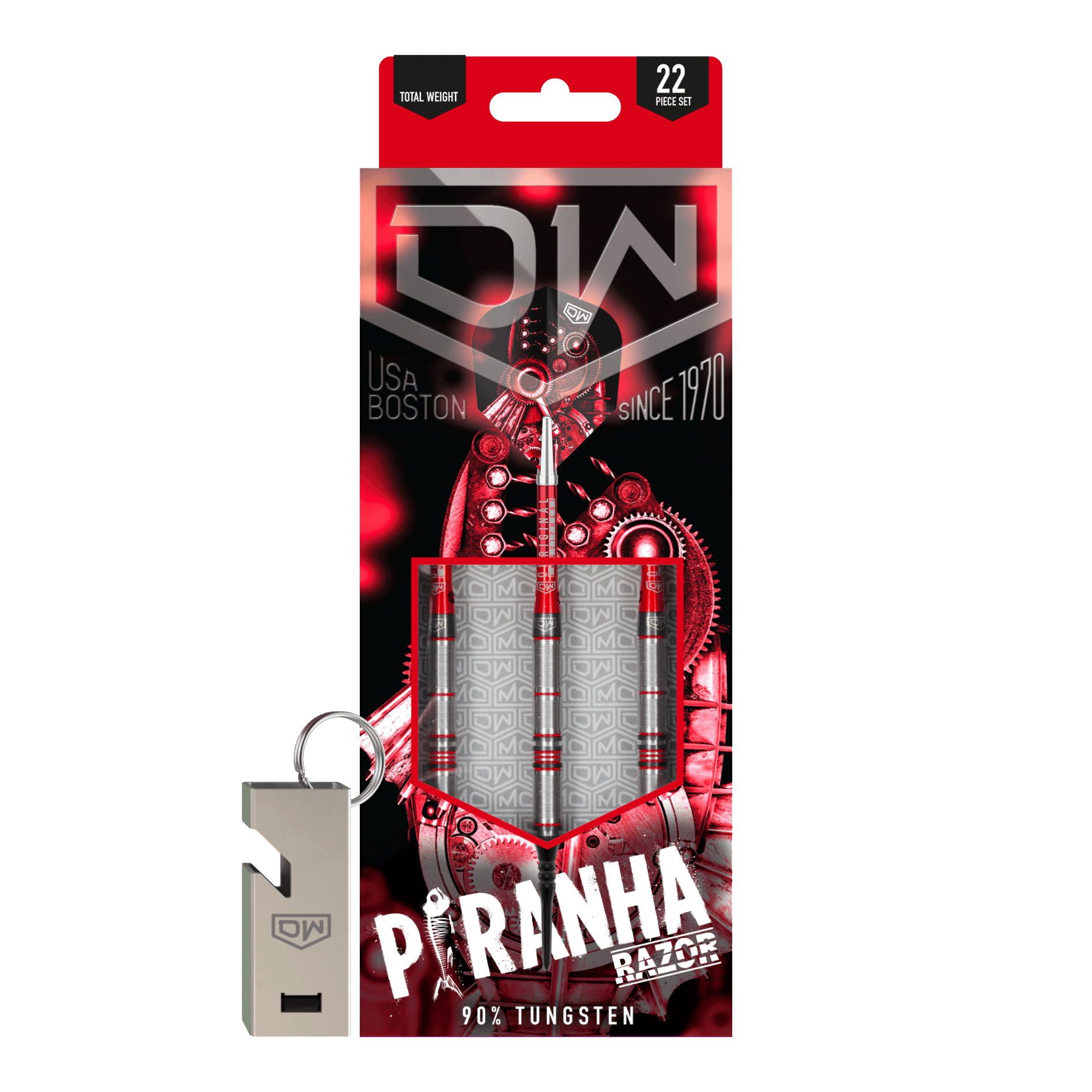 Šipky DW Piranha Razor 02 Softdarts Das Bild zeigt die Verpackung der DW Piranha Razor 02 Softdarts. Die Verpackung ist überwiegend schwarz und rot gestaltet und enthält drei Darts sowie ein Zubehörteil.