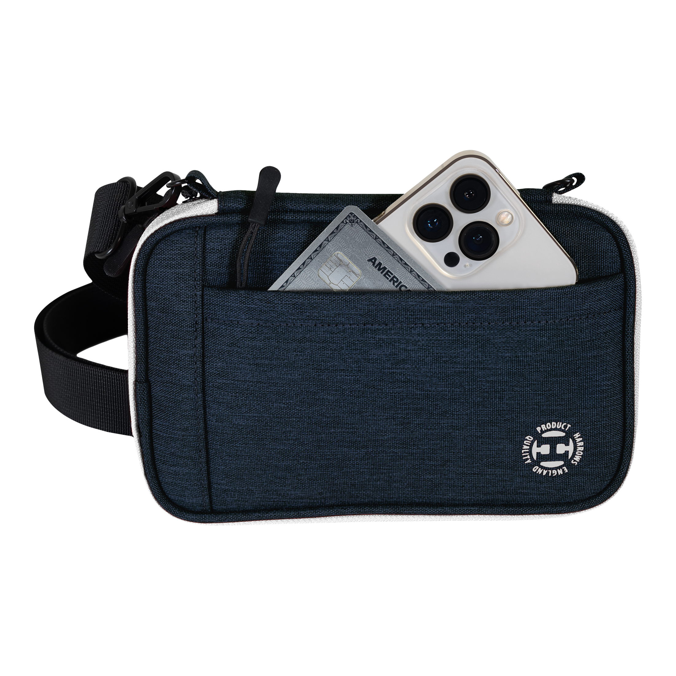 Harrows Smart Case XL dart wallet Eine blaue Tasche mit Vorderfach enthält ein Smartphone und eine Kreditkarte. Am unteren Rand der Tasche befindet sich ein rundes weißes Logo.