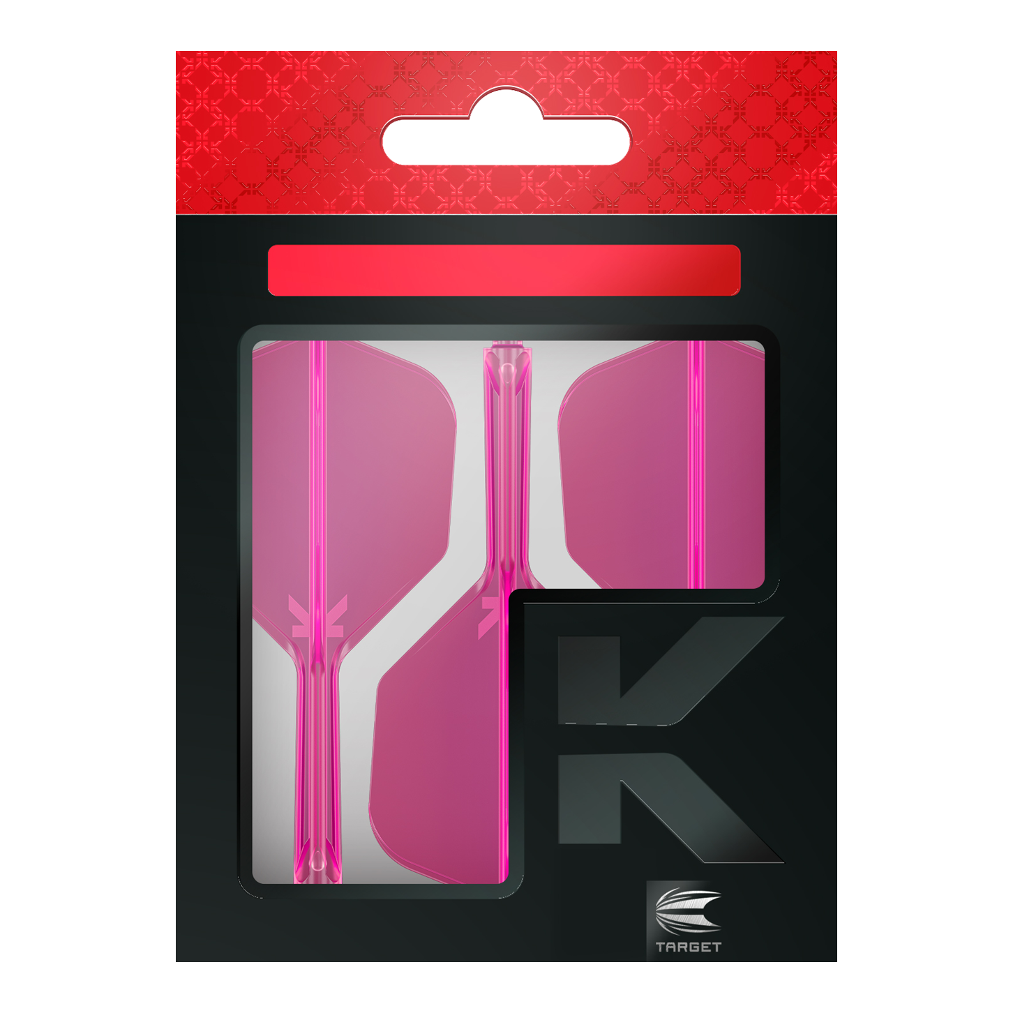 Letový systém Target K-Flex No6 - neonově růžový Auf dem Bild ist eine Verpackung mit drei pinken Dartflights zu sehen. Die Verpackung ist schwarz mit einem roten oberen Rand und dem Markenlogo "Target" unten rechts.