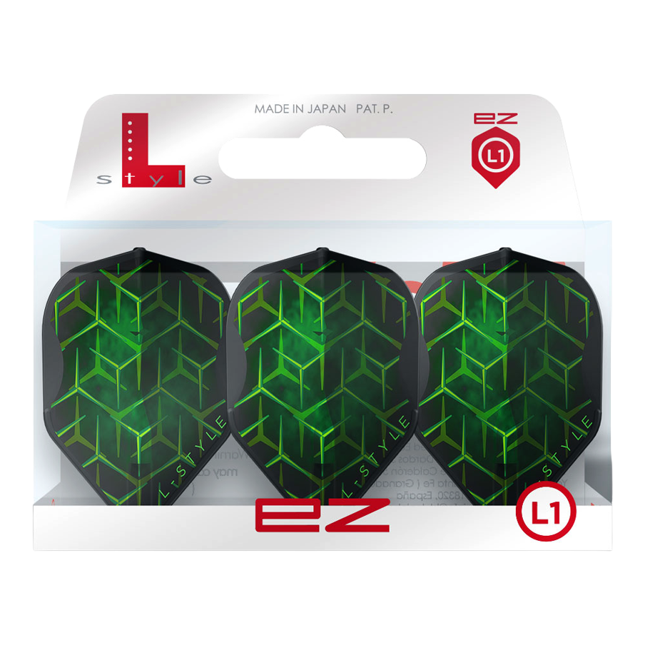 Loty Lukas Wenig V1 Black L1EZ w stylu L Zwei L-Style Lukas Wenig V1 Black L1EZ Flights liegen nebeneinander auf weißem Hintergrund. Die Flächen- und Kantengeometrie wird dargestellt.