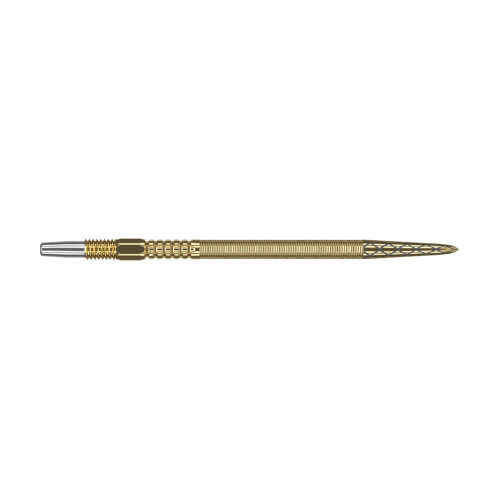 Puntas de dardos Target Swiss Point DX - dorado Das Bild zeigt eine goldene Dartspitze mit feinen Rillen und detailliertem Muster. Sie hat am Ende eine silberne Metallspitze.