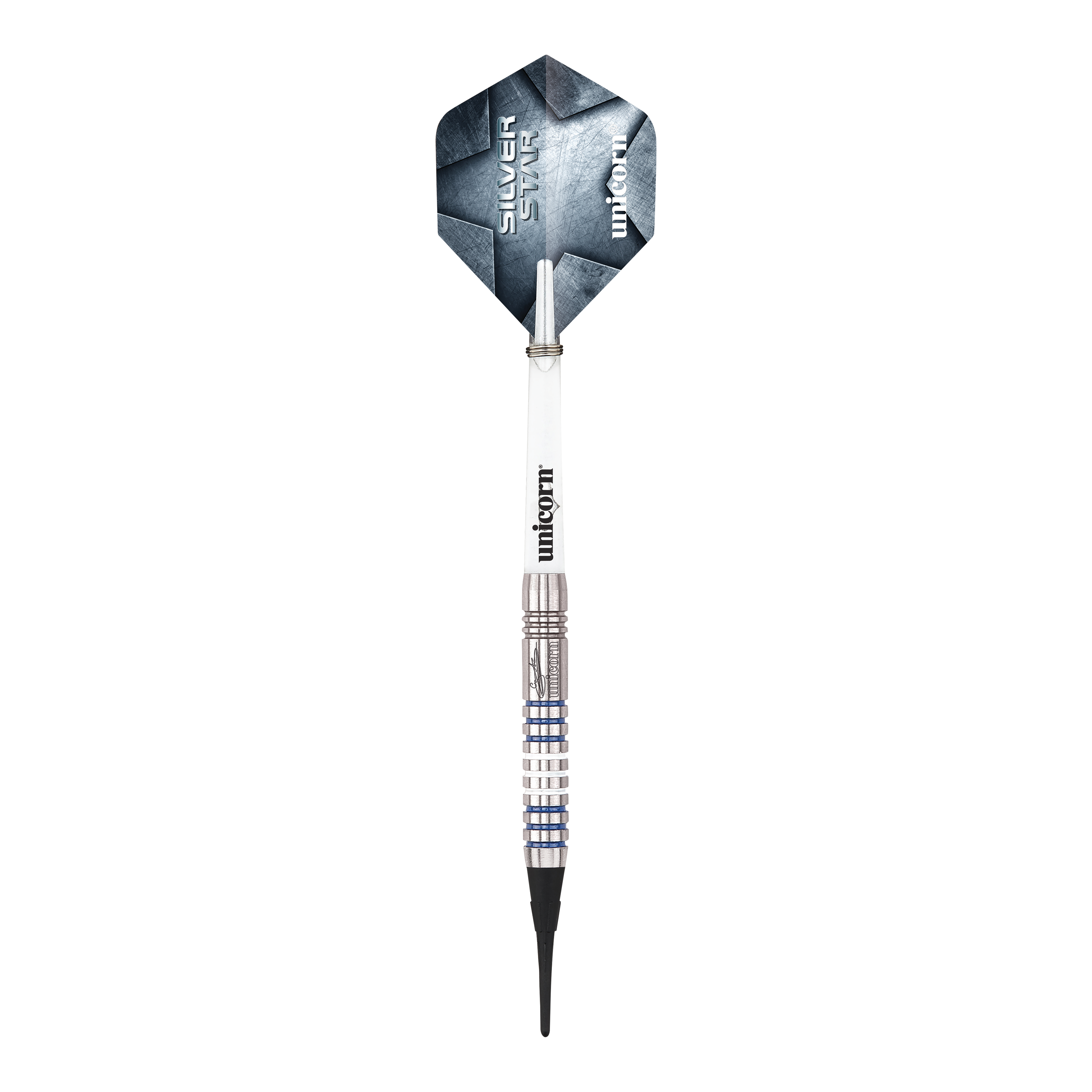 Unicorn Silver Star Var.3 Gary Anderson Softdarts Hier sind die Unicorn Silver Star Var.3 Gary Anderson Softdarts zu sehen. Die silbernen Dartpfeile sind detailliert abgebildet.
