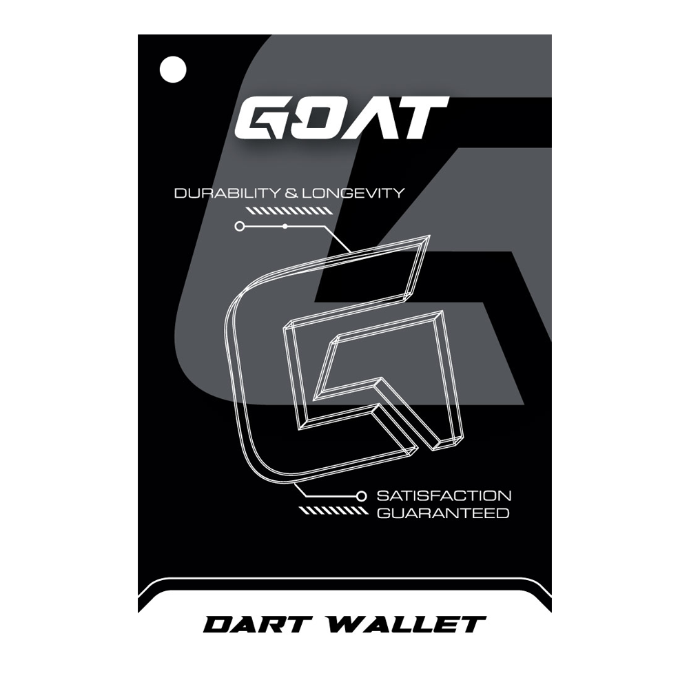 GOAT Locker XL Dartwallet Das Bild zeigt die Verpackung des Produkts "GOAT Locker S Dartwallet". Es hebt die Eigenschaften Langlebigkeit und Zufriedenheit hervor.