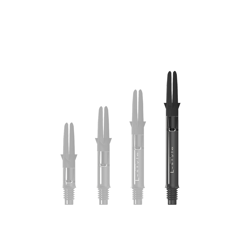 L-L-Style-Shaft Carbon Silent Straight - Schwarz Auf dem Bild sind drei schwarze Dartschäfte aus Carbon in unterschiedlichen Längen zu sehen. Sie stehen aufrecht nebeneinander auf weißem Hintergrund.