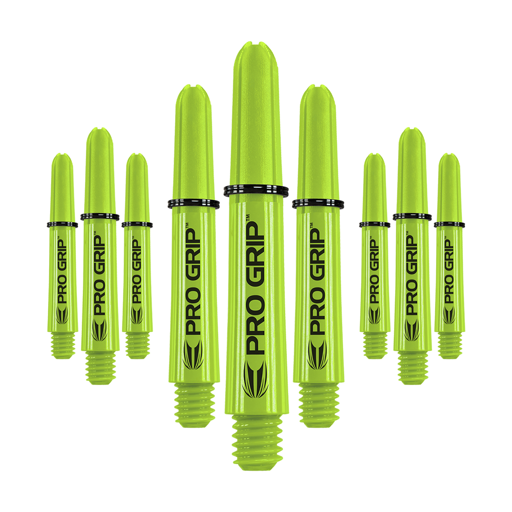 Target Pro Grip Shafts - 3 sady - Lime Green Auf dem Bild sind mehrere limegrüne Pro Grip Dartschäfte zu sehen. Sie sind in drei Sets angeordnet und tragen die Aufschrift "PRO GRIP".