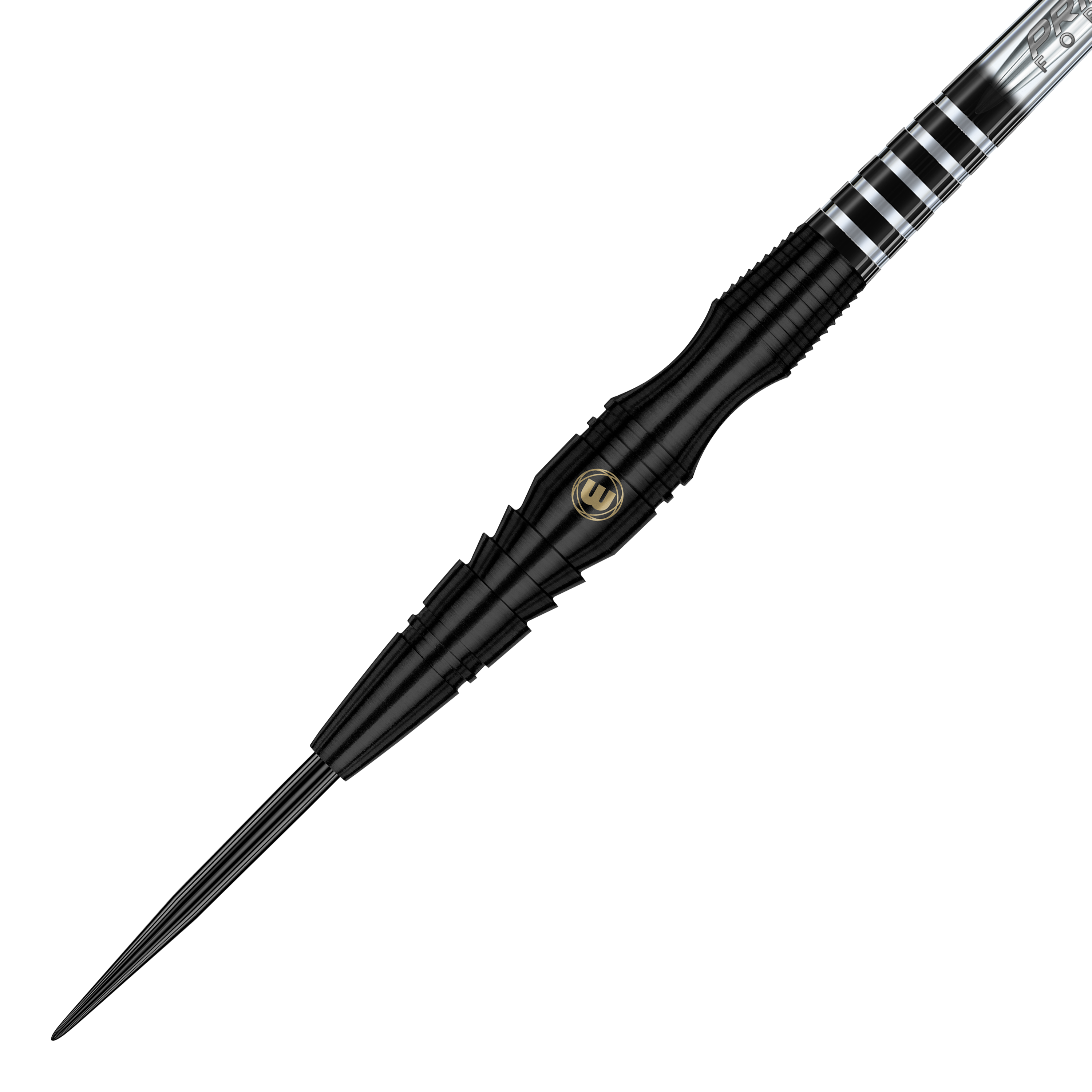 Stalowe lotki Winmau Sniper Black Das Bild zeigt einen Winmau Sniper Black Steeldart. Der Dart ist schwarz mit silbernen Akzenten und hat eine schlanke, moderne Form.