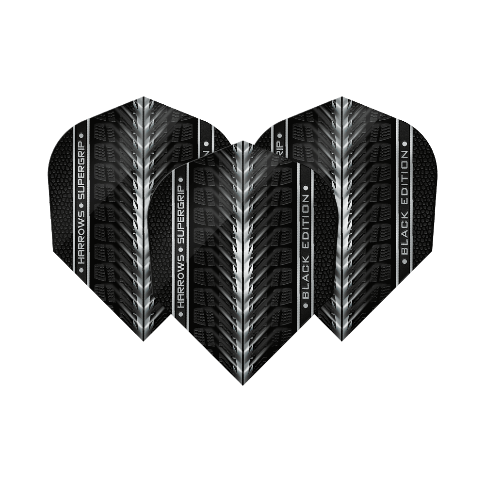 Harrows Supergrip Black Edition No6 Flights Das Bild zeigt die "Harrows Supergrip Black-Edition No6 Flights" in einem schwarzen Design mit silbernen Akzenten. Die Flights haben eine strukturierte Oberfläche und den Schriftzug "Harrows Supergrip Black Edition".