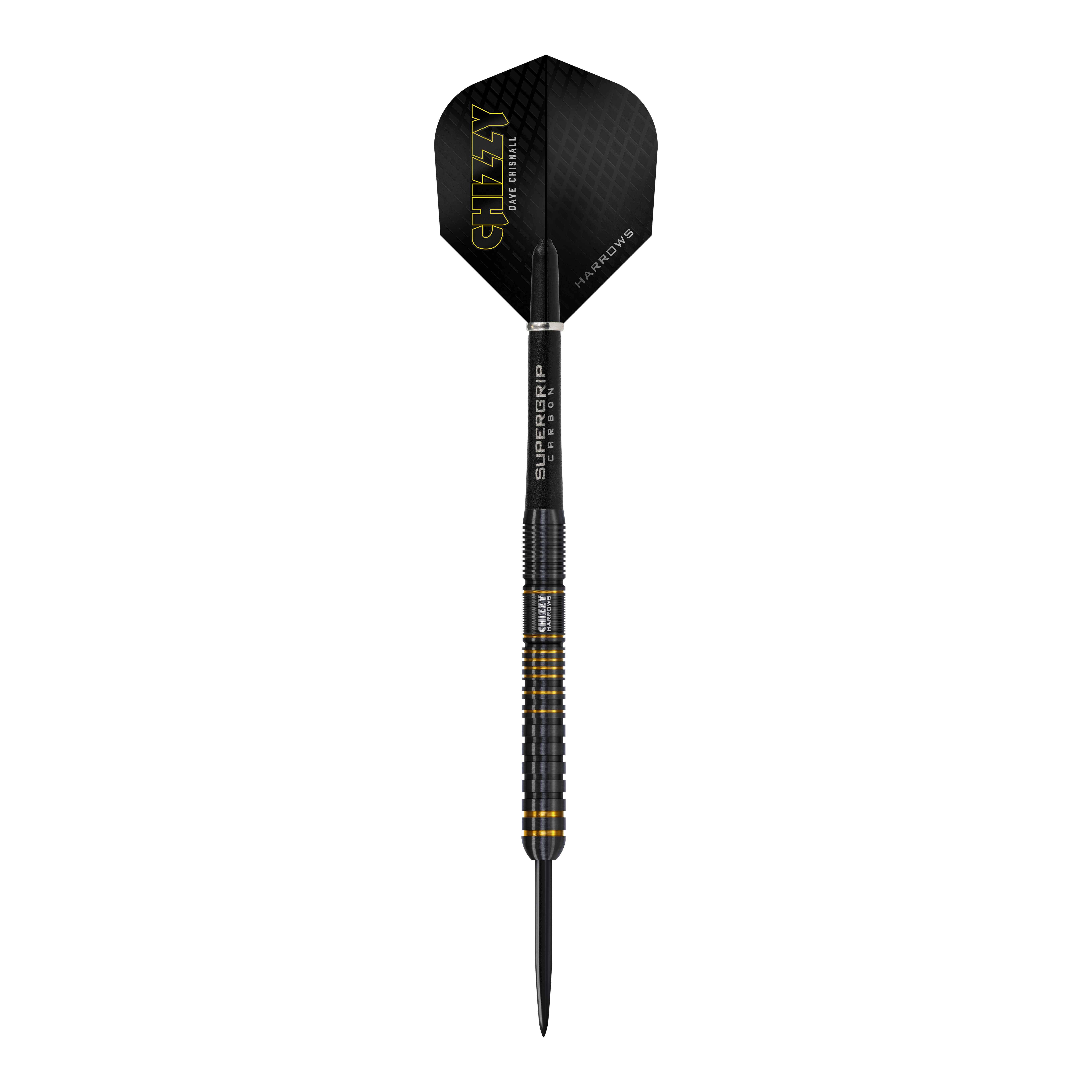 Stalowe lotki Harrow's Dave Chisnall Chizzy Series 3 Das Bild zeigt den Harrows Dave Chisnall Chizzy Series 3 Steeldart. Der Dart ist schwarz mit gelben Akzenten und hat den Schriftzug "CHIZZY" auf dem Flight.
