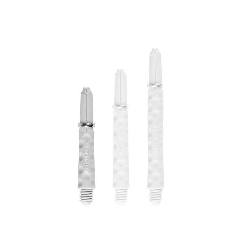 Harrows Dimplex Shafts – bílá Das Bild zeigt drei weiße Dartschäfte in unterschiedlichen Längen. Sie haben eine strukturierte Oberfläche und einen Schraubgewinde am unteren Ende.