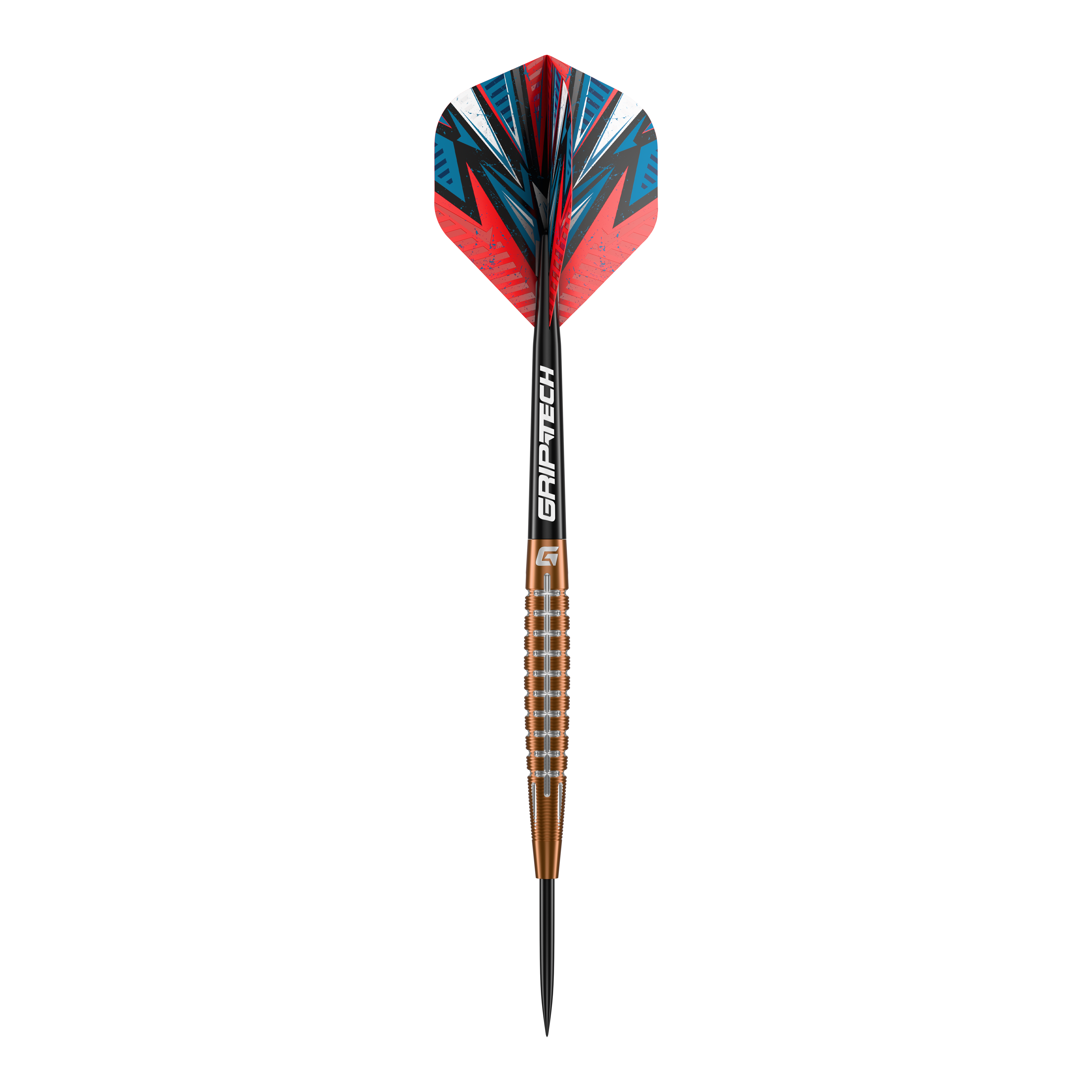 Dardos de acero de tungsteno GOAT Quarterback V1 Das Bild zeigt einen GOAT Quarterback V1 Tungsten Steeldart mit auffälligen roten und blauen Flights. Der Dart hat einen geriffelten, bronzefarbenen Schaft und eine schwarze Spitze.