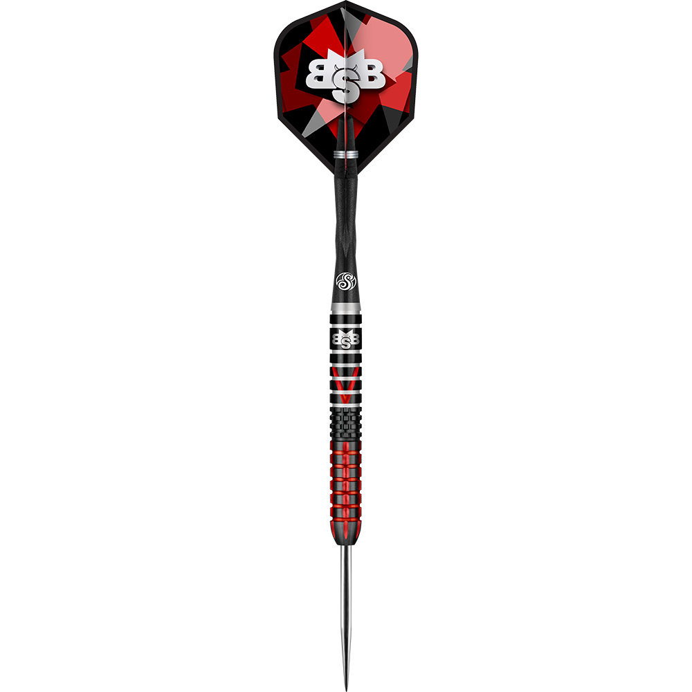 Shot Michael Smith Defiant Steeldarts Auf dem Bild ist ein Dartpfeil mit einer rot-schwarzen Farbgebung zu sehen. Der Flights trägt das weiße Logo "BBS" auf einem geometrischen Muster.