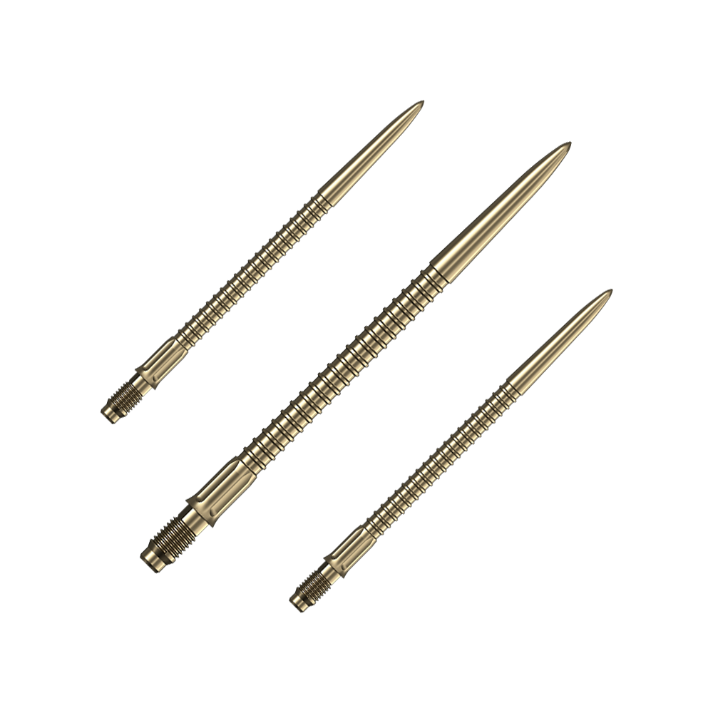 Das Bild zeigt ein Set goldener Dartspitzen Mission R25 Rapid Point mit einer Länge von 40mm. Die Spitzen liegen nebeneinander auf einer hellen Fläche.