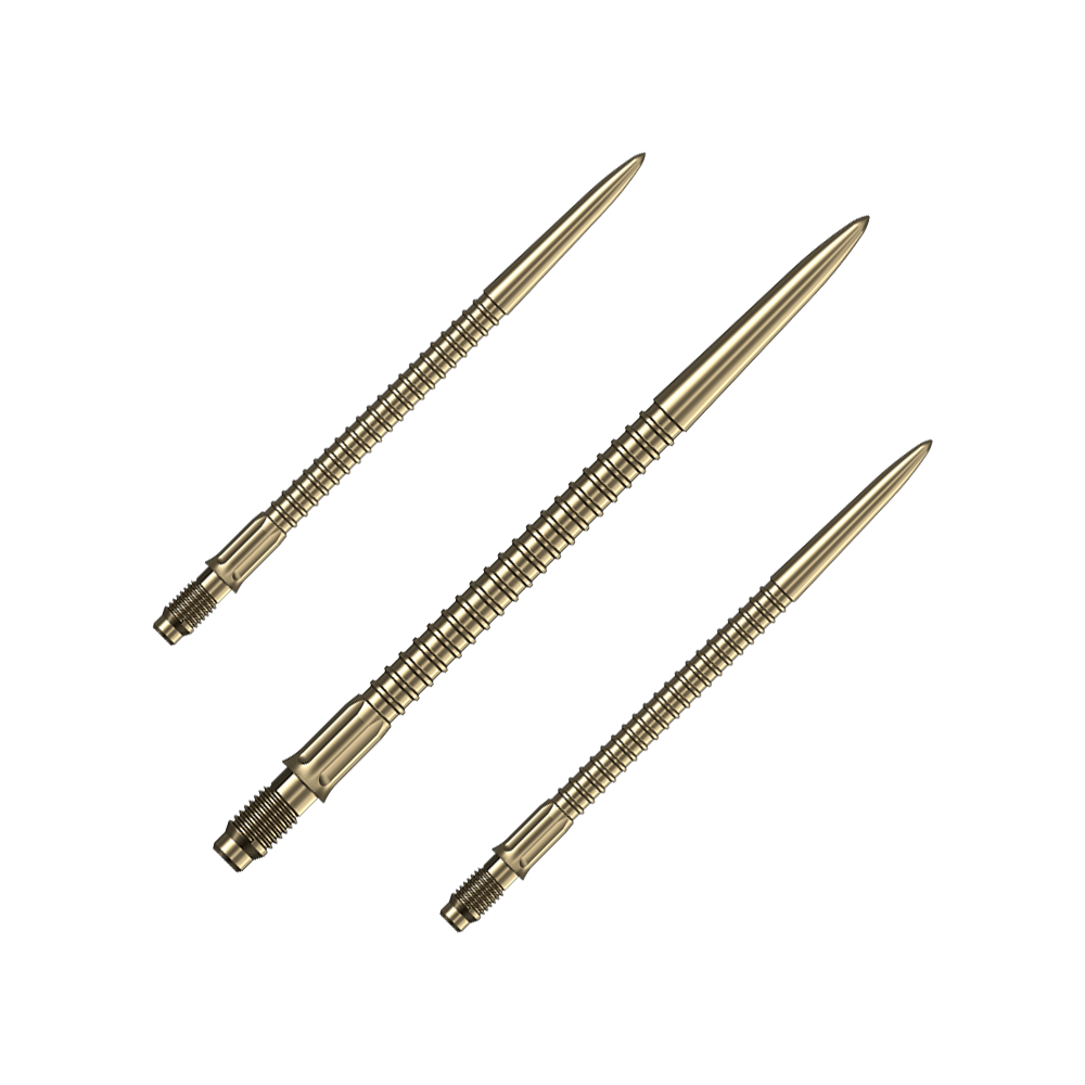 Mission R2.5 Rapid Point GV1 Dartspitzen - Gold Das Bild zeigt ein Set goldener Dartspitzen Mission R25 Rapid Point mit einer Länge von 40mm. Die Spitzen liegen nebeneinander auf einer hellen Fläche.