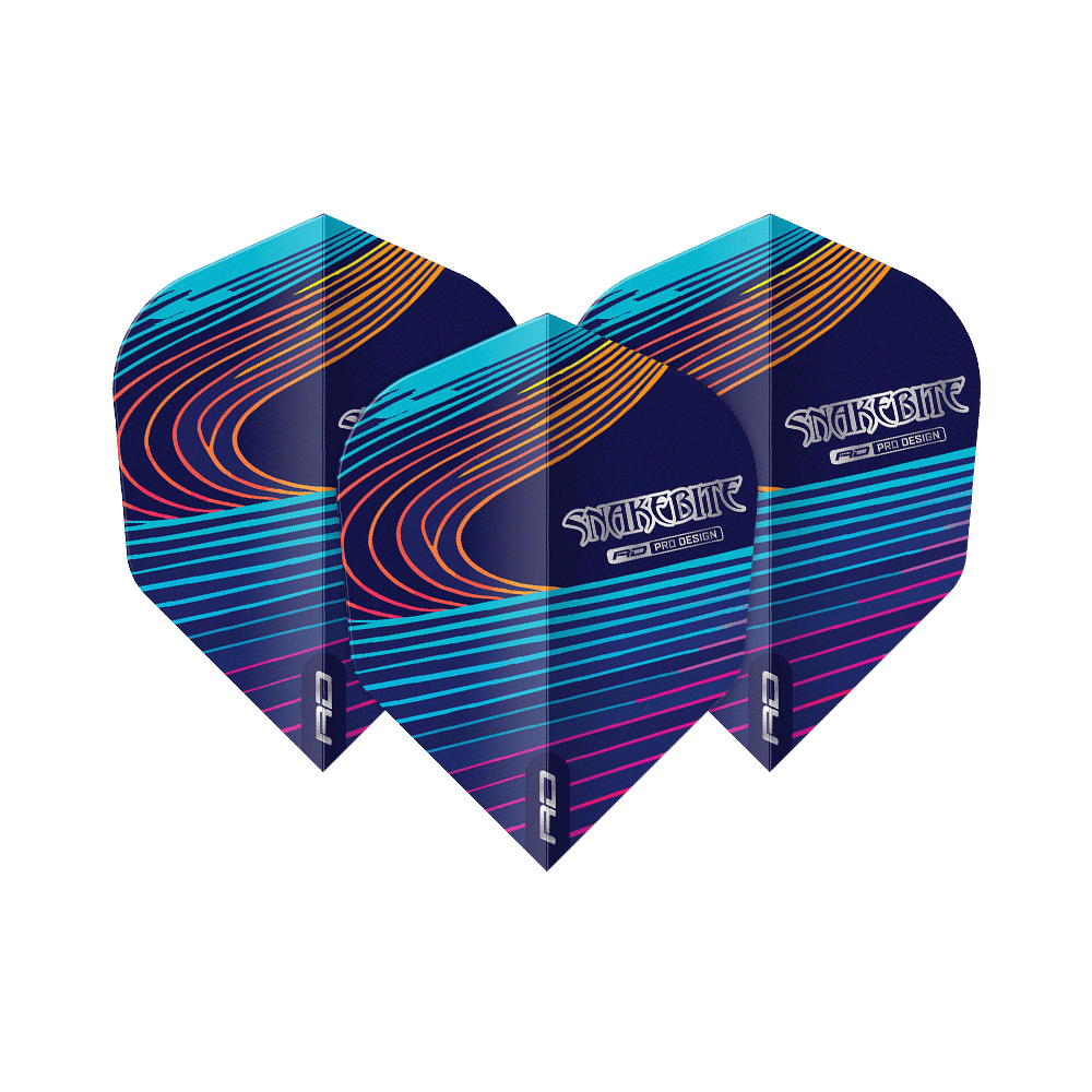 Letky Red Dragon Peter Wright Snakebite Multi No6 Das Bild zeigt drei Dart-Flights mit dem Namen "Red Dragon Peter Wright Snakebite Multi No6 Flights". Die Flights sind dunkelblau mit bunten, geschwungenen Linien und dem Schriftzug "Snakebite".