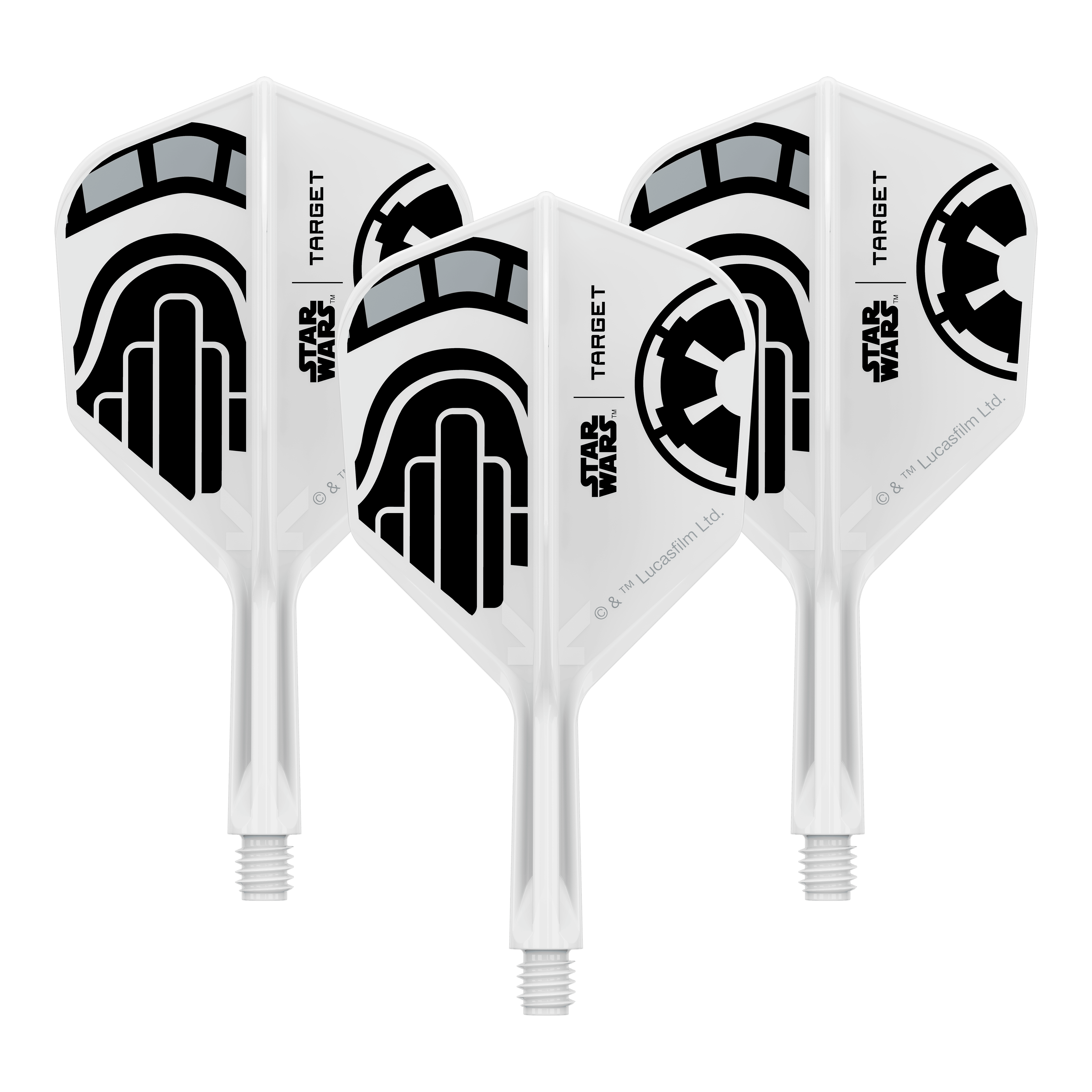 Voli Target Star Wars K-Flex Stormtrooper No6 Ein Set von Dart-Flights der Star Wars KFlex Stormtrooper No6 Serie ist dargestellt. Die Flights sind kurz und 19 mm lang.
