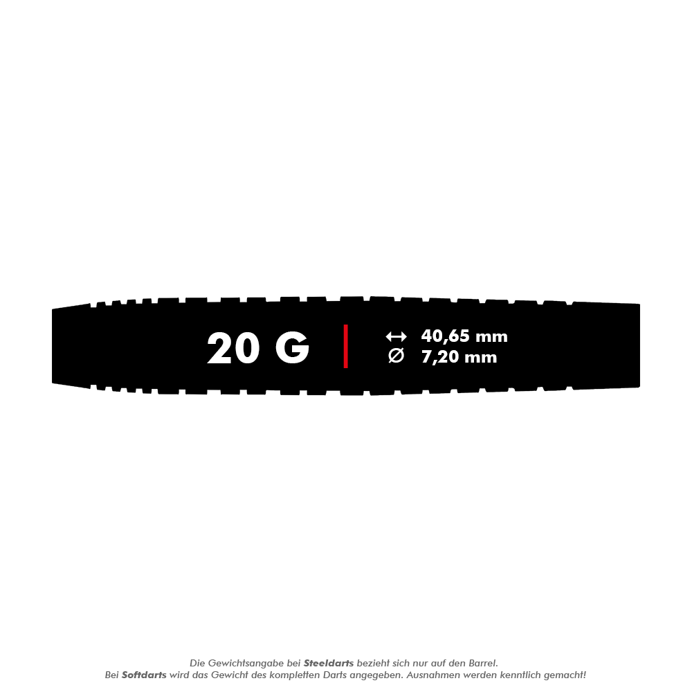 Šipky Red Dragon Luke Humphries TX3 Gold SE Softdarts - 20g Das Bild zeigt die Maße und das Gewicht der Red Dragon Luke Humphries TX3 Gold SE Softdarts. Der Dart wiegt 20 Gramm, ist 40,65 mm lang und hat einen Durchmesser von 7,20 mm.