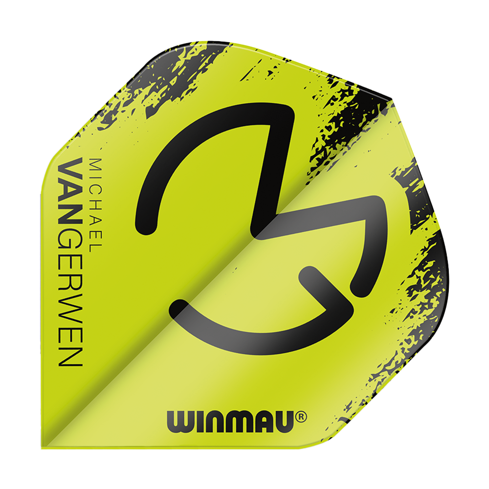 6900-232_Winmau_Mega_MvG_Black_Green_Standard_Flights_1sXWZZ3esEqClU Winmau Mega MvG Black Green Standard Flights mit auffälligem Muster. Die Flights liegen gestaffelt.
