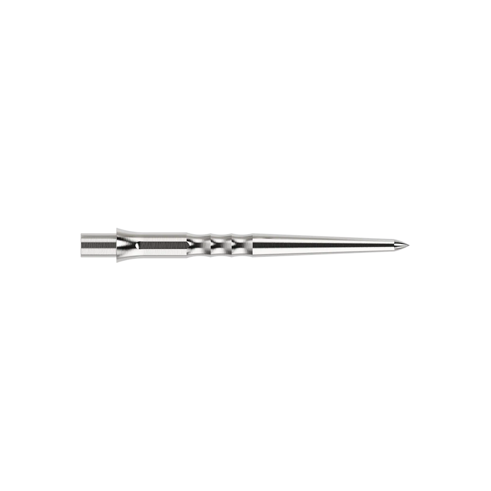 Das Bild zeigt eine silberne Caliburn Evo System Steeldartspitze Ripple NoLip, 28 mm lang. Die Spitze ist einzeln abgebildet.