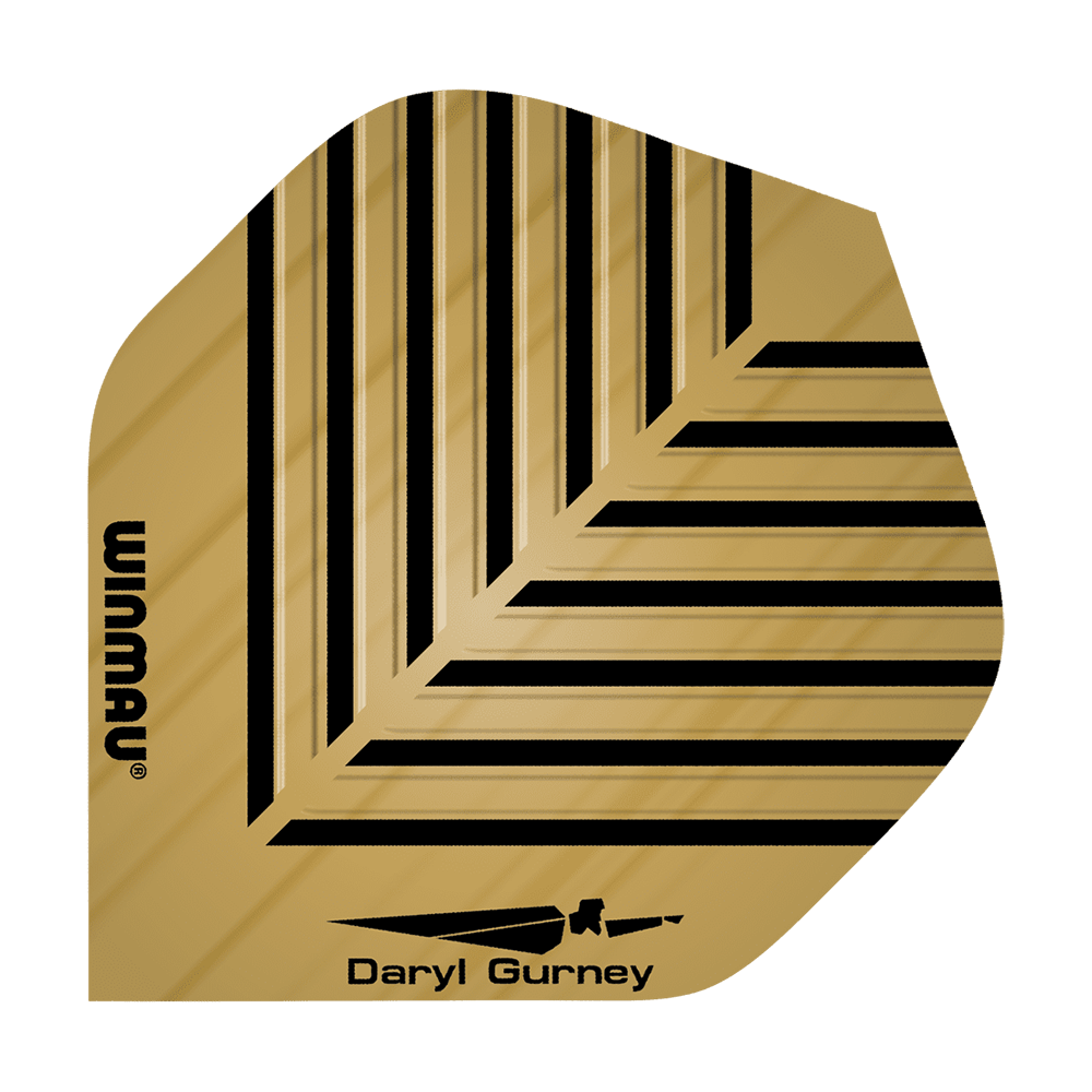6800-114_Winmau_Daryl_Gurney_Embossed_Flights_1TKPrCUP7kBKH3 Das Bild zeigt das Produkt "Winmau Daryl Gurney Embossed Flights". Das Flight ist goldfarben mit schwarzen Linienmustern und trägt die Namen "Winmau" und "Daryl Gurney".