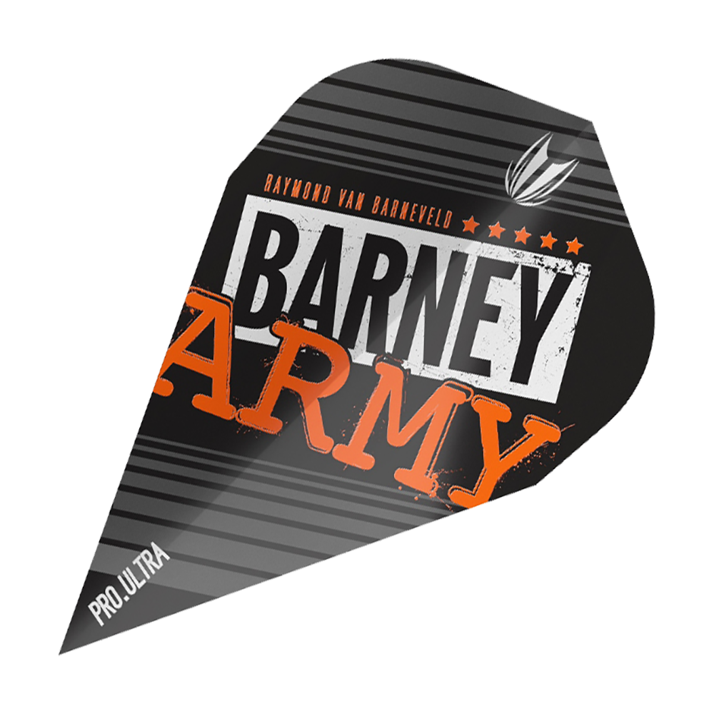 TG65_334350_TargeT_ProUltra_Barney_Army_Black_Vapor_Flights_1 Das Bild zeigt ein Dart-Flight mit der Aufschrift "BARNEY ARMY" in schwarzen, weißen und orangenen Farben. Oben steht "Raymond van Barneveld" und unten links ist "Pro.Ultra" zu sehen.