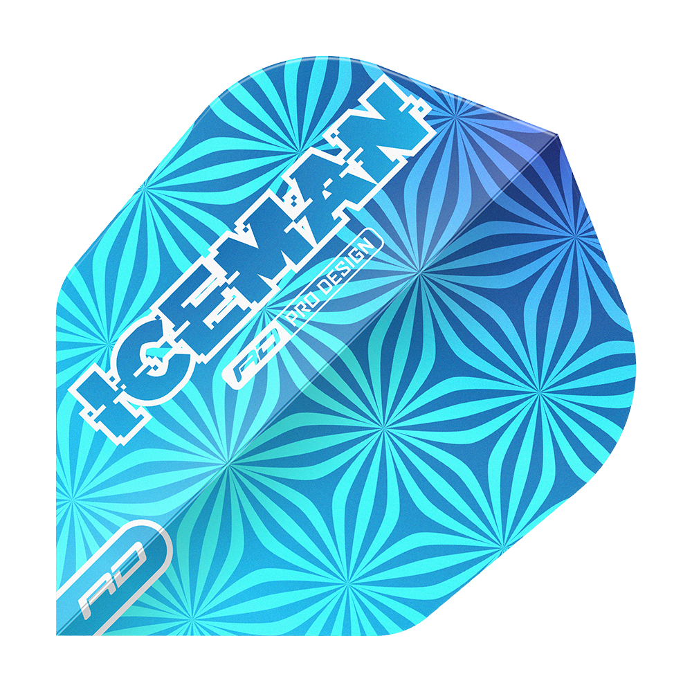 Lety Red Dragon Gerwyn Price Iceman Blue No6 Das Bild zeigt einen blauen Dart-Flight mit einem auffälligen geometrischen Muster. Auf dem Flight steht in weißen Buchstaben das Wort „ICEMAN“ sowie „RD PRO DESIGN“.