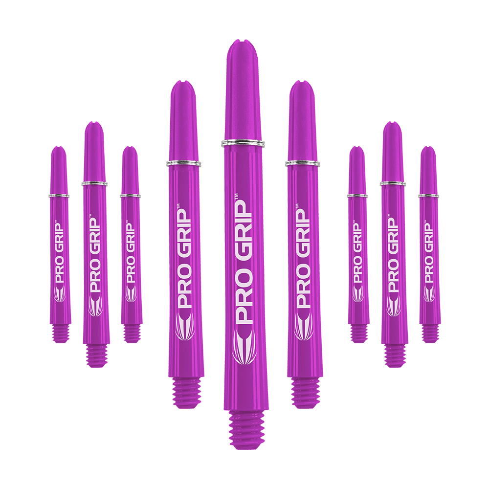 Target Pro Grip Shafts - 3 Sets - Purple Das Bild zeigt neun lila Dartschäfte der Marke "Pro Grip". Sie sind in drei Gruppen angeordnet, jeweils drei in der Mitte, links und rechts.