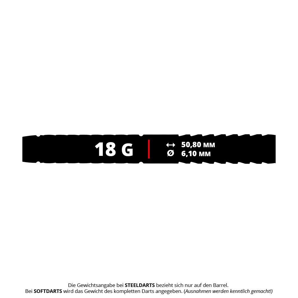 Red Dragon Gerwyn Price Glacier Softdarts - 18g Das Bild zeigt die Produktinformationen der Red Dragon Gerwyn Price Glacier Softdarts mit einem Gewicht von 18 Gramm. Die Länge beträgt 50,80 mm und der Durchmesser 6,10 mm.