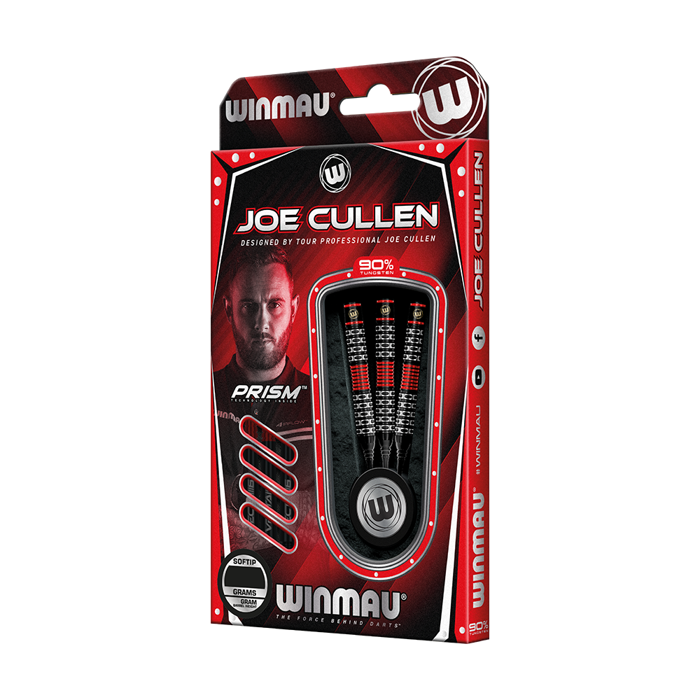 2451_Winmau_Joe_Cullen_Special_Edition_Softdarts_3 Die Abbildung zeigt eine Packung Winmau Joe Cullen Special Edition Softdarts. Die Verpackung ist rot-schwarz gestaltet und enthält drei Darts mit 90% Tungsten-Anteil.