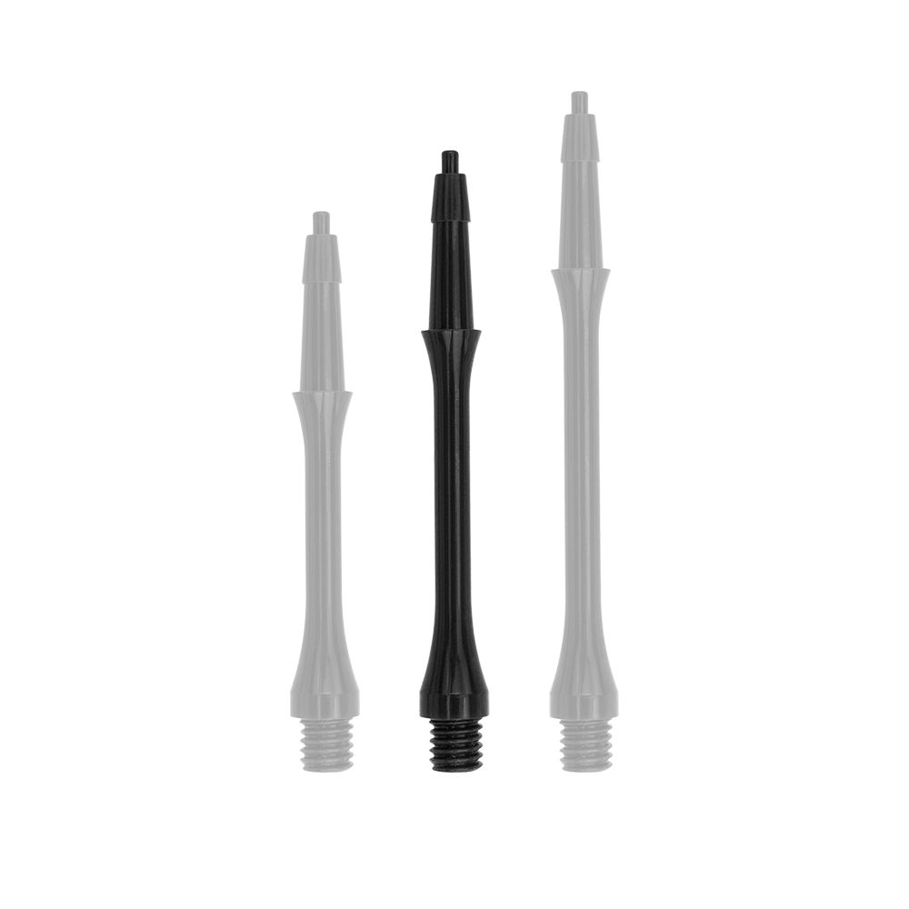 HRC-12596_Harrows_Clic_Slim_Shafts_Black_30mm_1 Das Bild zeigt drei schwarze Harrows Clic Slim Shafts in verschiedenen Längen. Sie werden als Ersatzteile für Dartpfeile verwendet.